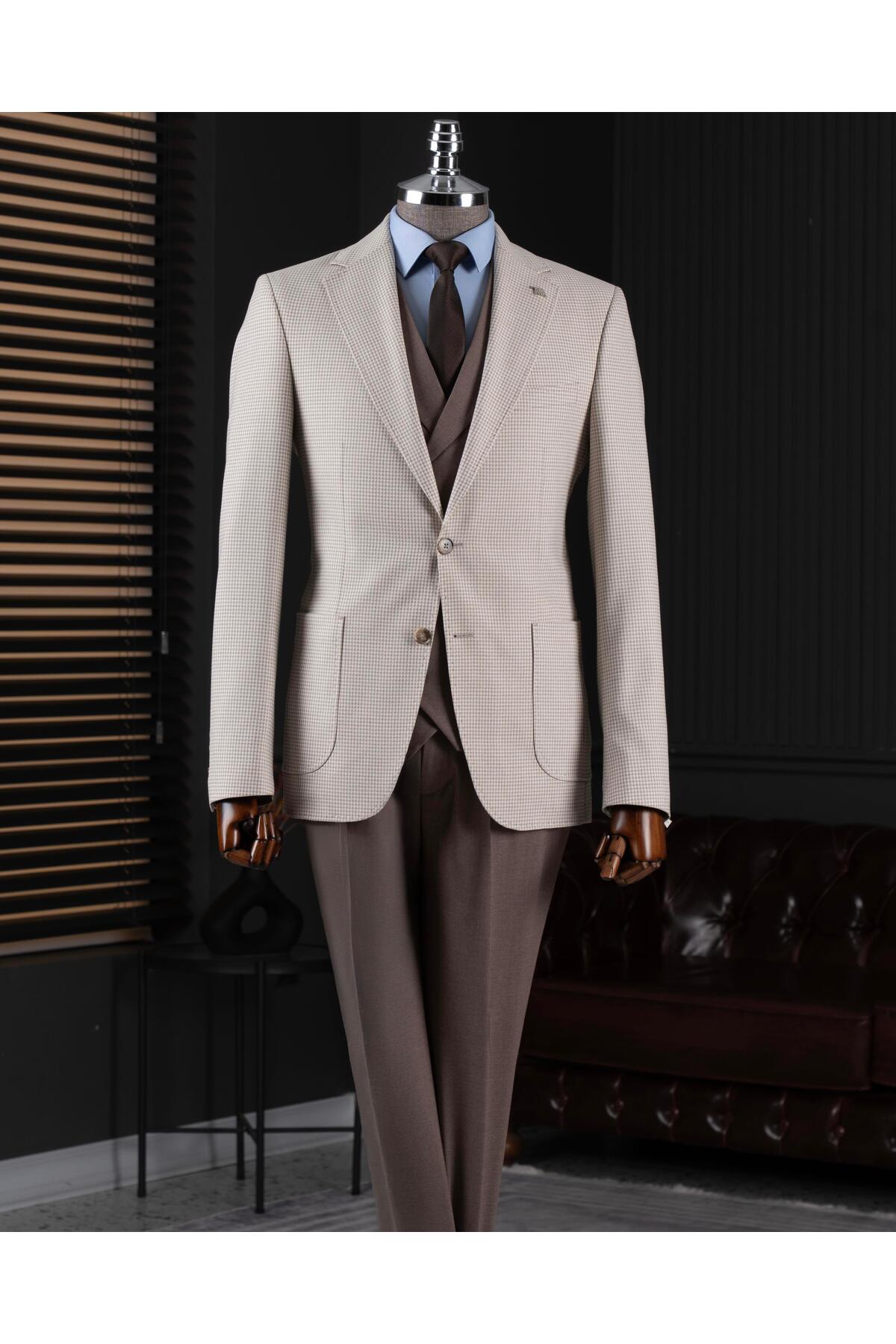 TerziAdemAltun Italian Style S Slim Fit Men's Jacket Vest Pants Suit Beige T14639