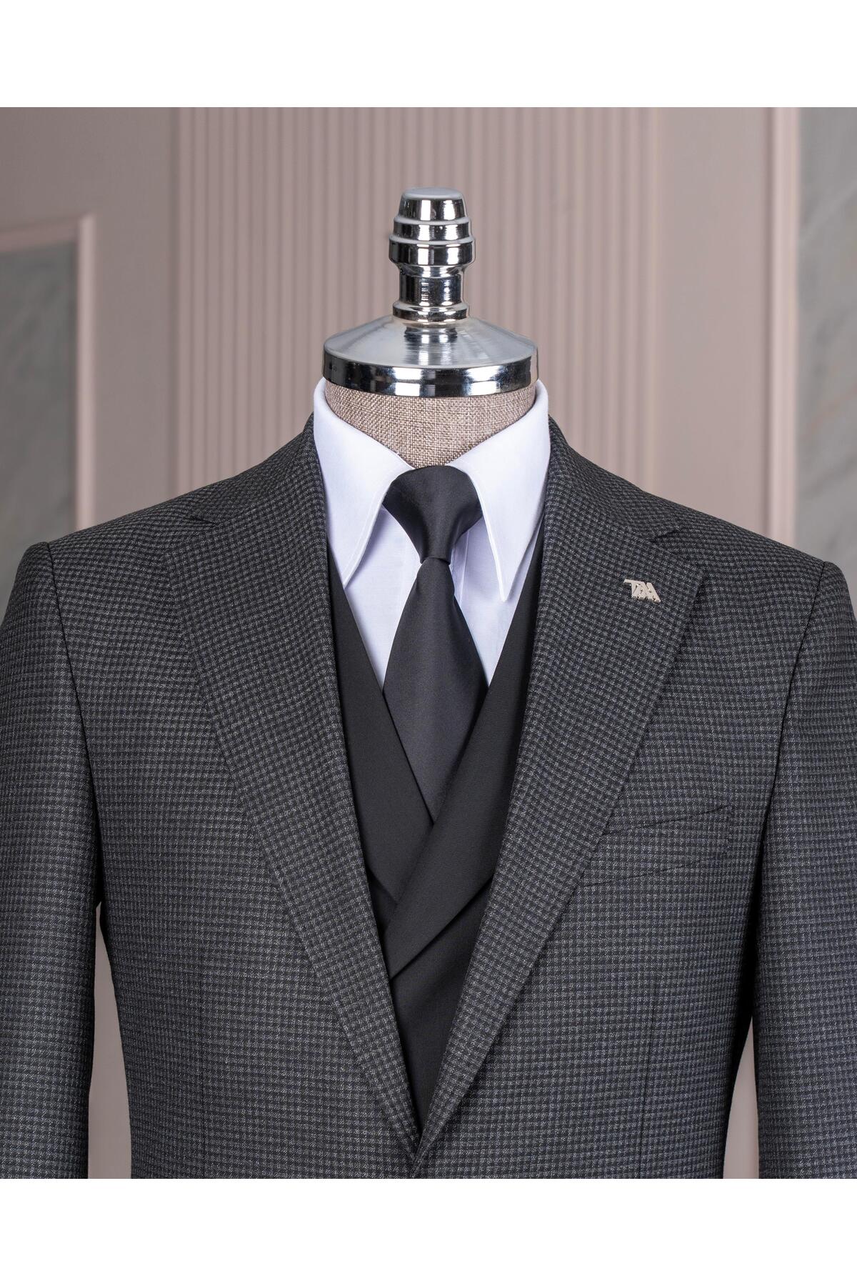 TerziAdemAltun İtalyan stil slim fit erkek ceket yelek pantolon takım elbise siyah T14641 görsel 2