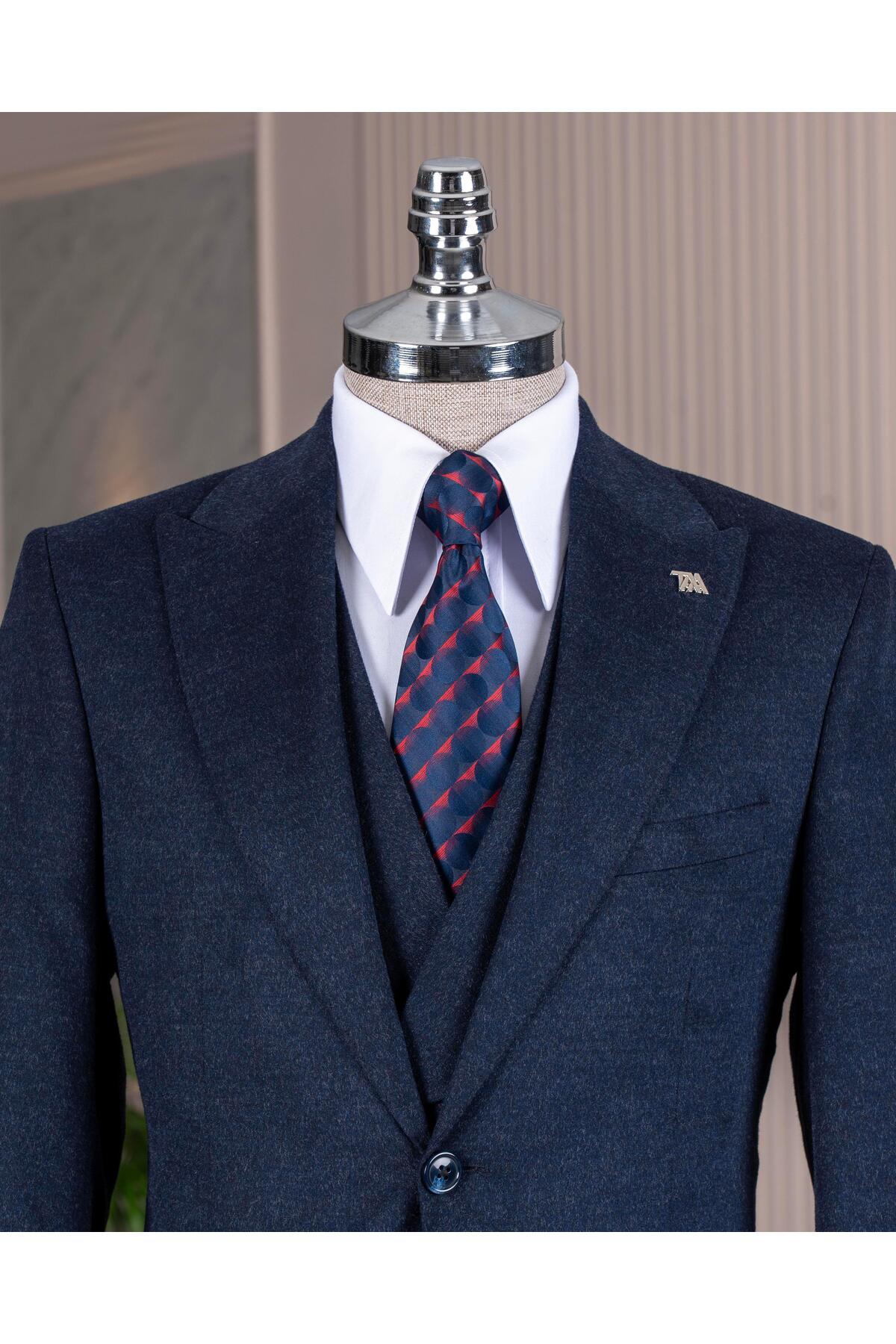 TerziAdemAltun İtalyan stil slim fit sivri yaka ceket yelek pantolon takım elbise lacivert T14678 görsel 2