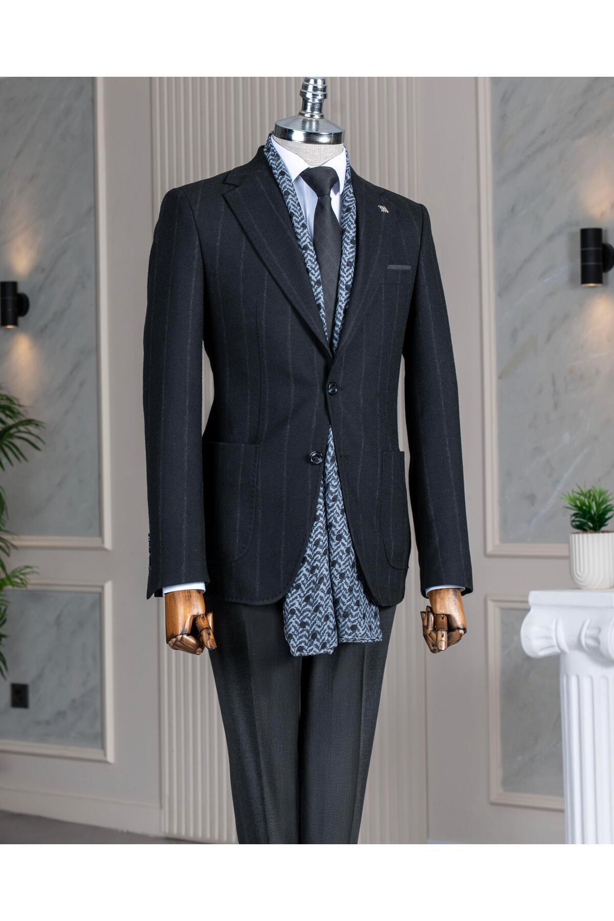 TerziAdemAltun İtalyan stil slim fit yün karışımlı erkek ceket pantolon takım elbise siyah T14653