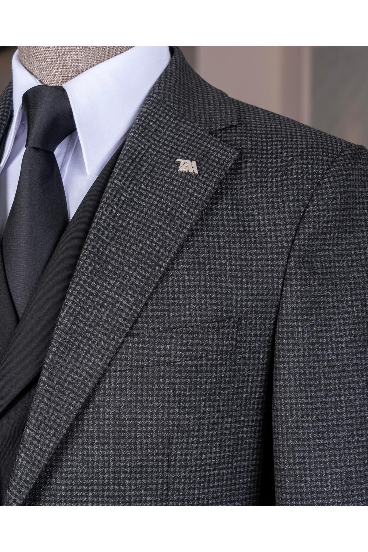 TerziAdemAltun İtalyan stil slim fit erkek ceket yelek pantolon takım elbise siyah T14641 görsel 3