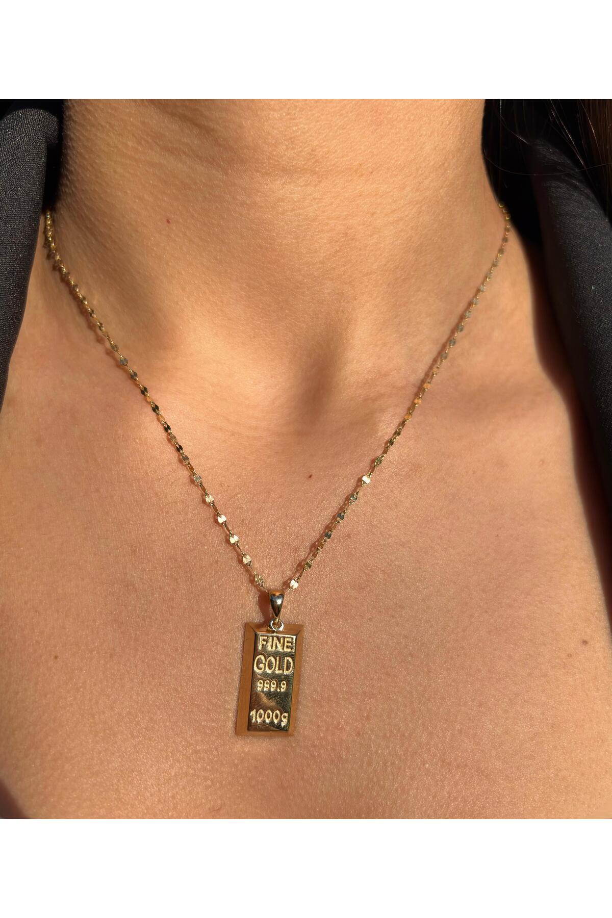 NEW'ORO JEWELRY 14 Ayar Zincirli Altın Külçe Kolye