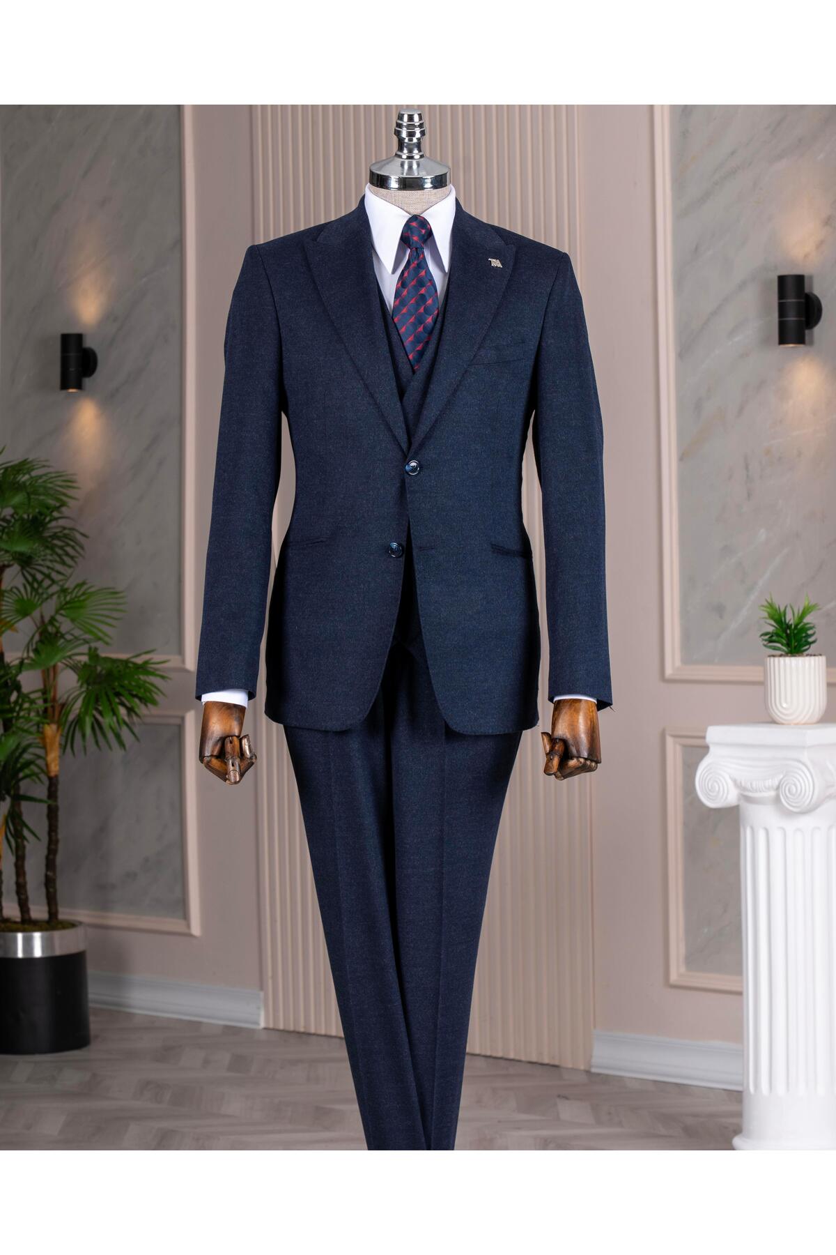 TerziAdemAltun İtalyan stil slim fit sivri yaka ceket yelek pantolon takım elbise lacivert T14678