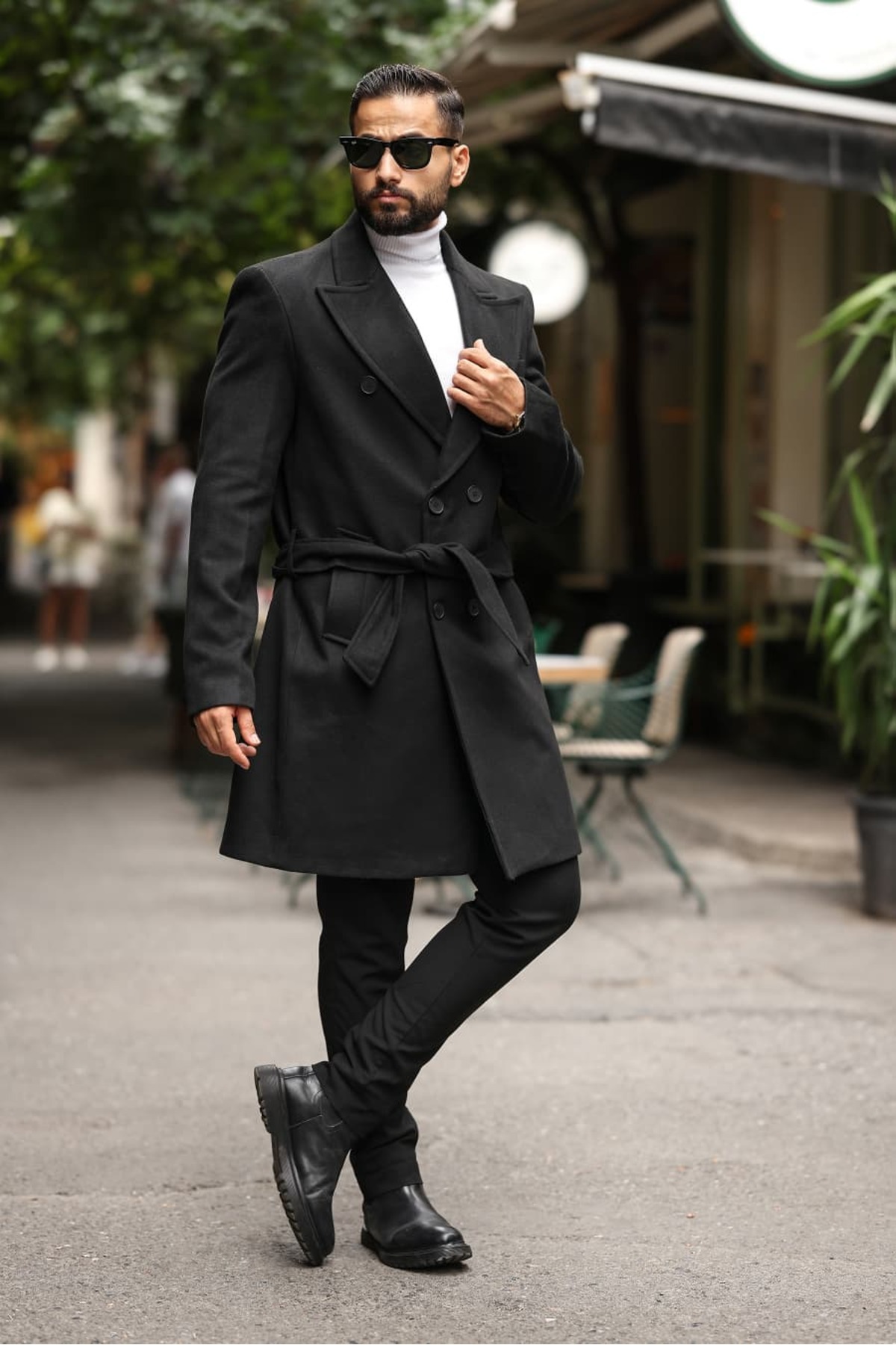 Siyah Kemerli Erkek Modern Fit Kaşe Kaban — مشکی 2504