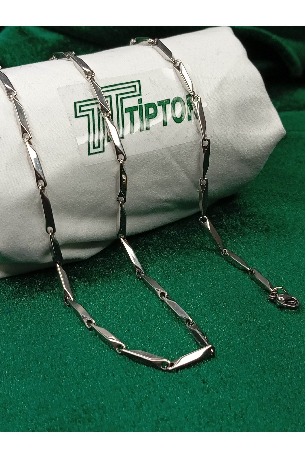 BK / TİPTOP / GÜMÜŞ RENK PASLANMAZ ÇELİK ELMAS BAMBU ZİNCİR BİLEKLİK KOLYE SET