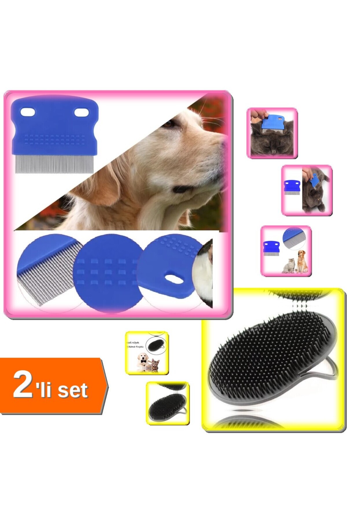 HerEveOyuncak Evcil Hayvan Bakım Tarağı - Bit Pire Tarağı + Kedi Köpek Yıkama Fırçası Seti - 2li Set V2T4P3