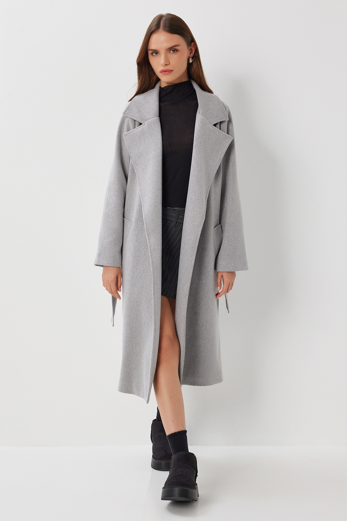 Lovelyİstanbul  Kruvaze Yaka Kuşaklı Kaşe Kaban LGP0030 GRİ - Görsel 3