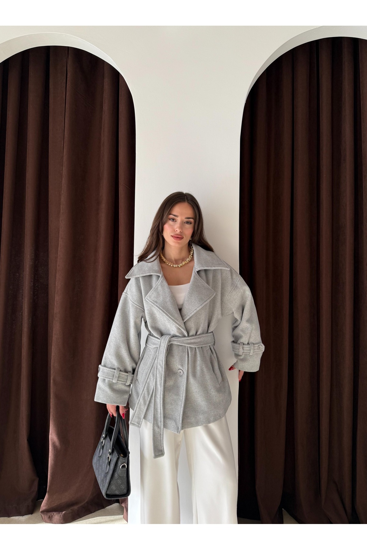 feme clothing Oversıze Kuşaklı Cepli Kısa Kaban görsel 4