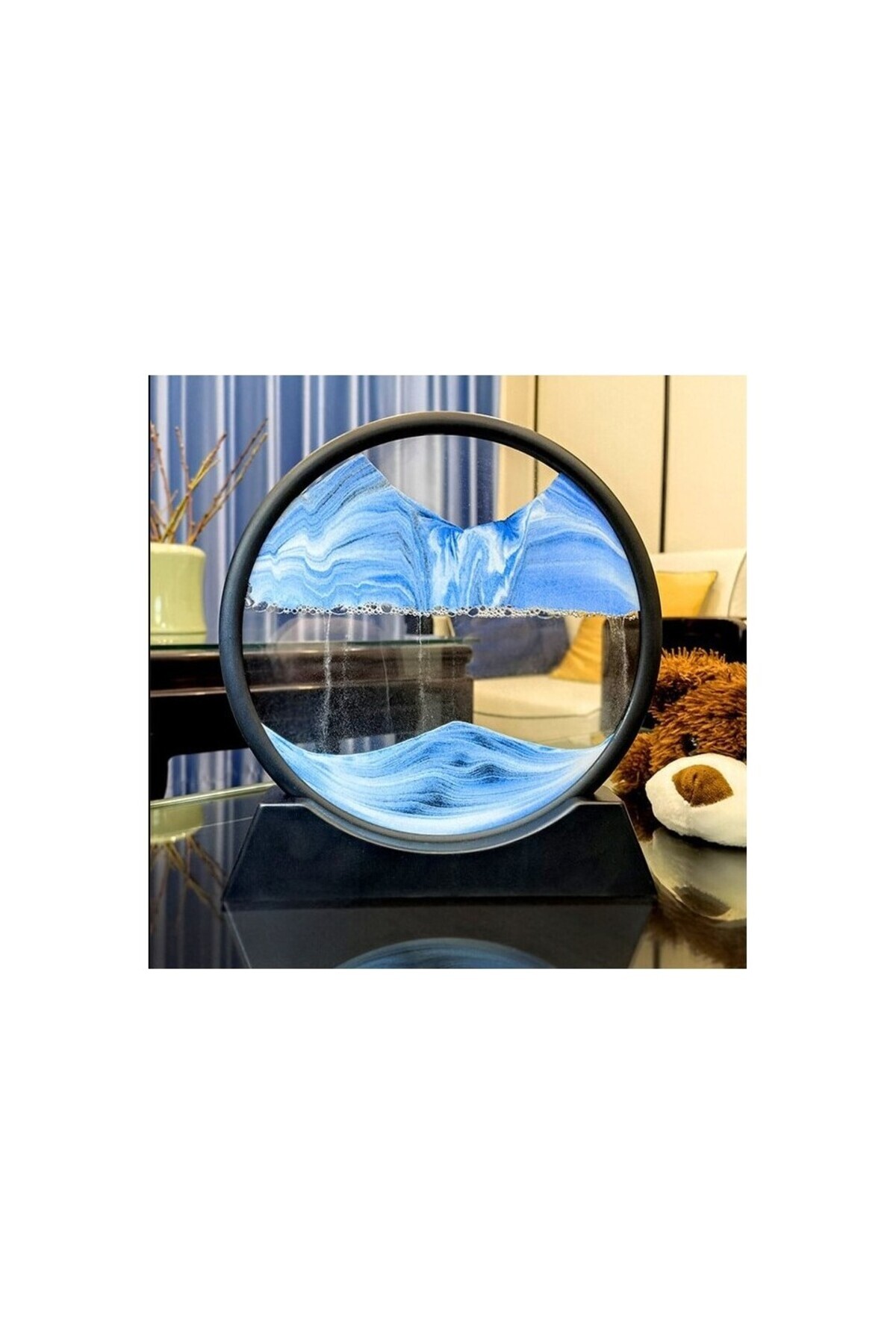 Renvox Hareketli 3D Kum Saati 30cm - Büyük Boy Mavi Yuvarlak 12'' Dekoratif Sanatsal Rahatlatıcı Cam