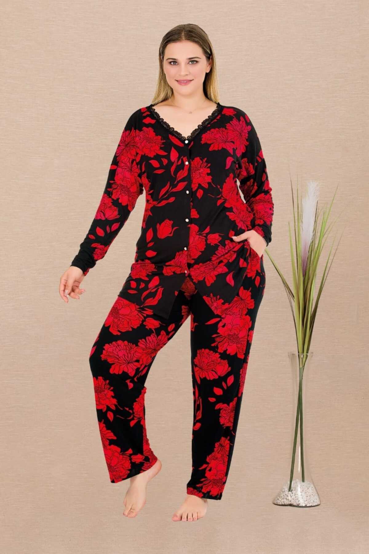 tarzımsüper Büyük Beden Premium Comfort Serisi Pamuklu Yumuşak Dokulu Önden Düğmeli Dantelli Lüks Pijama Takımı
