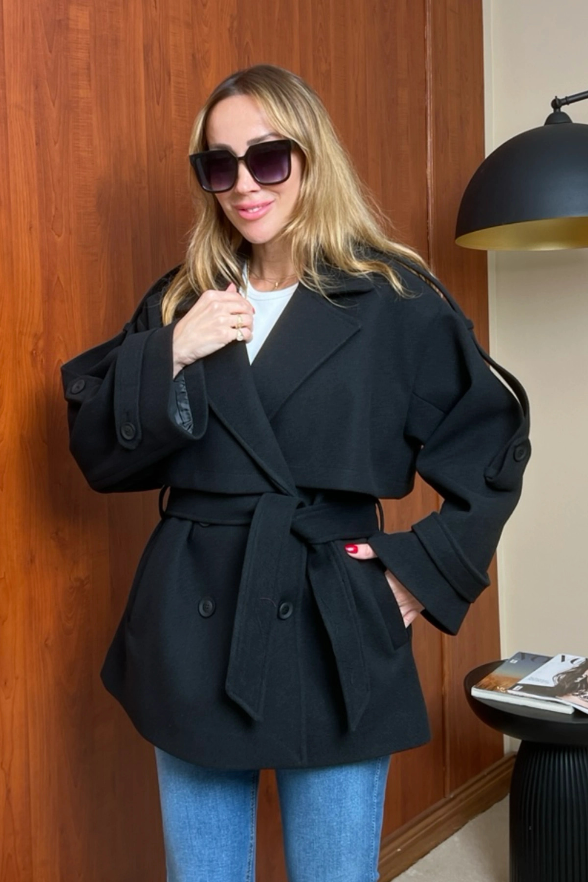 solena sln  Kadın Yeni Sezon Trend Kuşaklı Kaşe Mont Kaban - Görsel 5