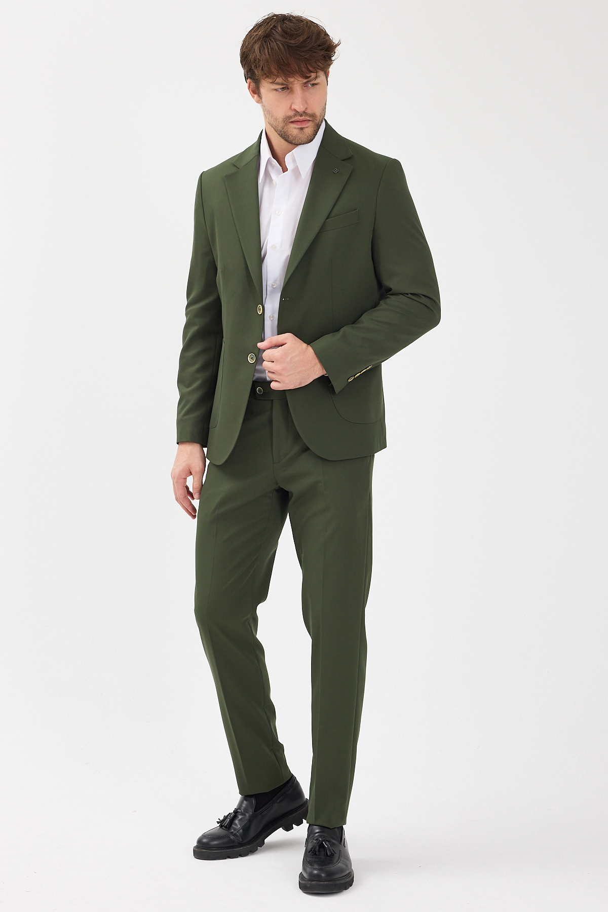 Frappoli Caserta Men's Khaki Polyviscon Fabric Mono Collar Bag Pocket Half Lining Slim Fit 2-Piece Suit