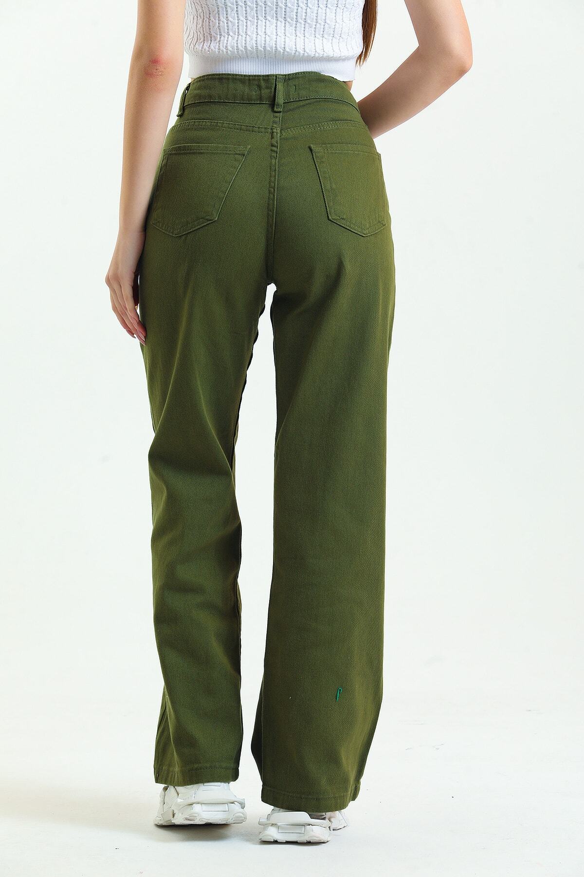 KAMİLKUNDURA  Haki Yüksek Bel Boyfriend Wide Leg Salaş Bol Paça Pantolon - Görsel 4
