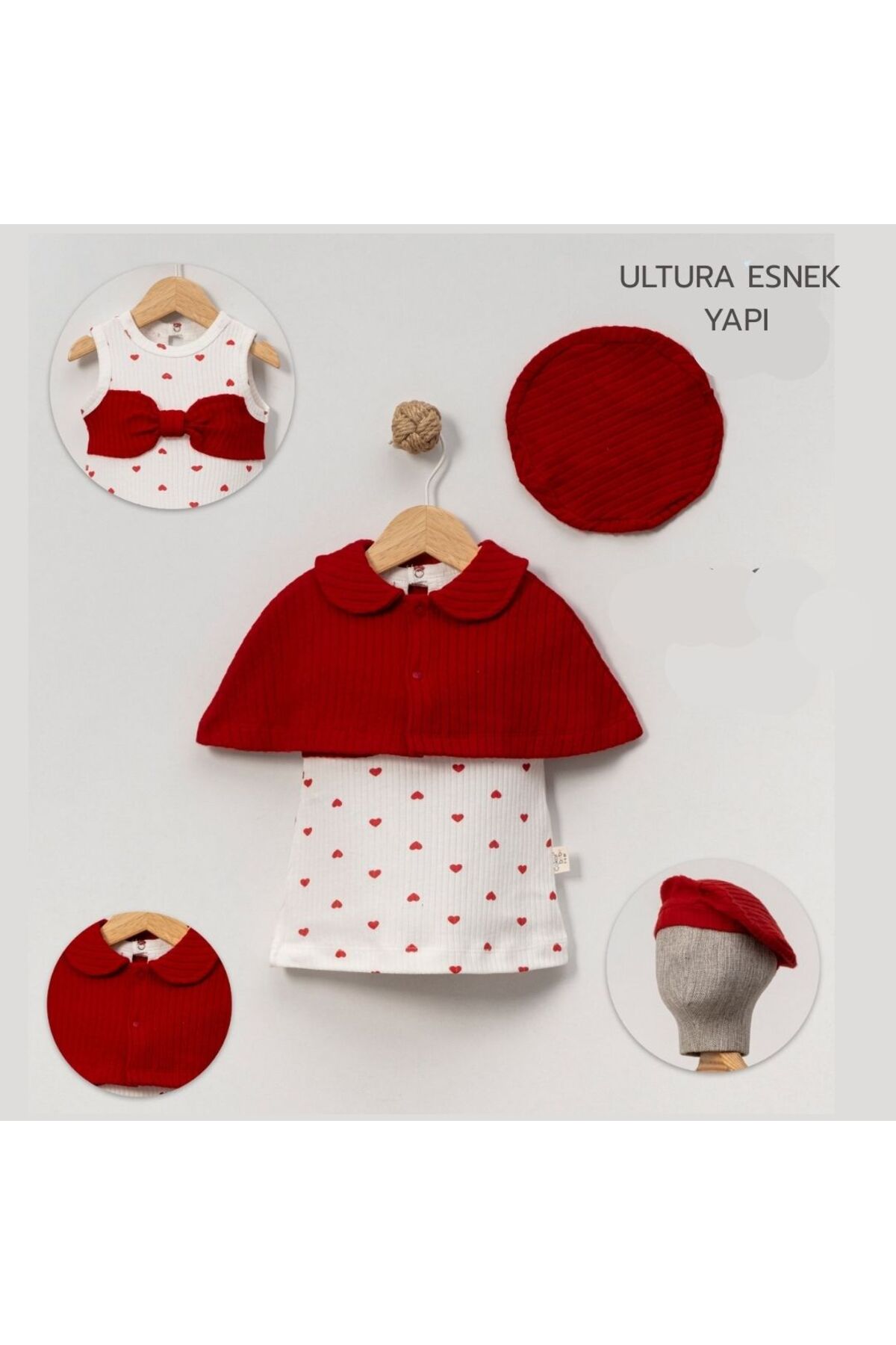 Chicsy Baby Kız Bebek Kalpli Elbise Triko Bolero ve Bereli 3’lü Takım fotoğrafı 3 (önizleme)