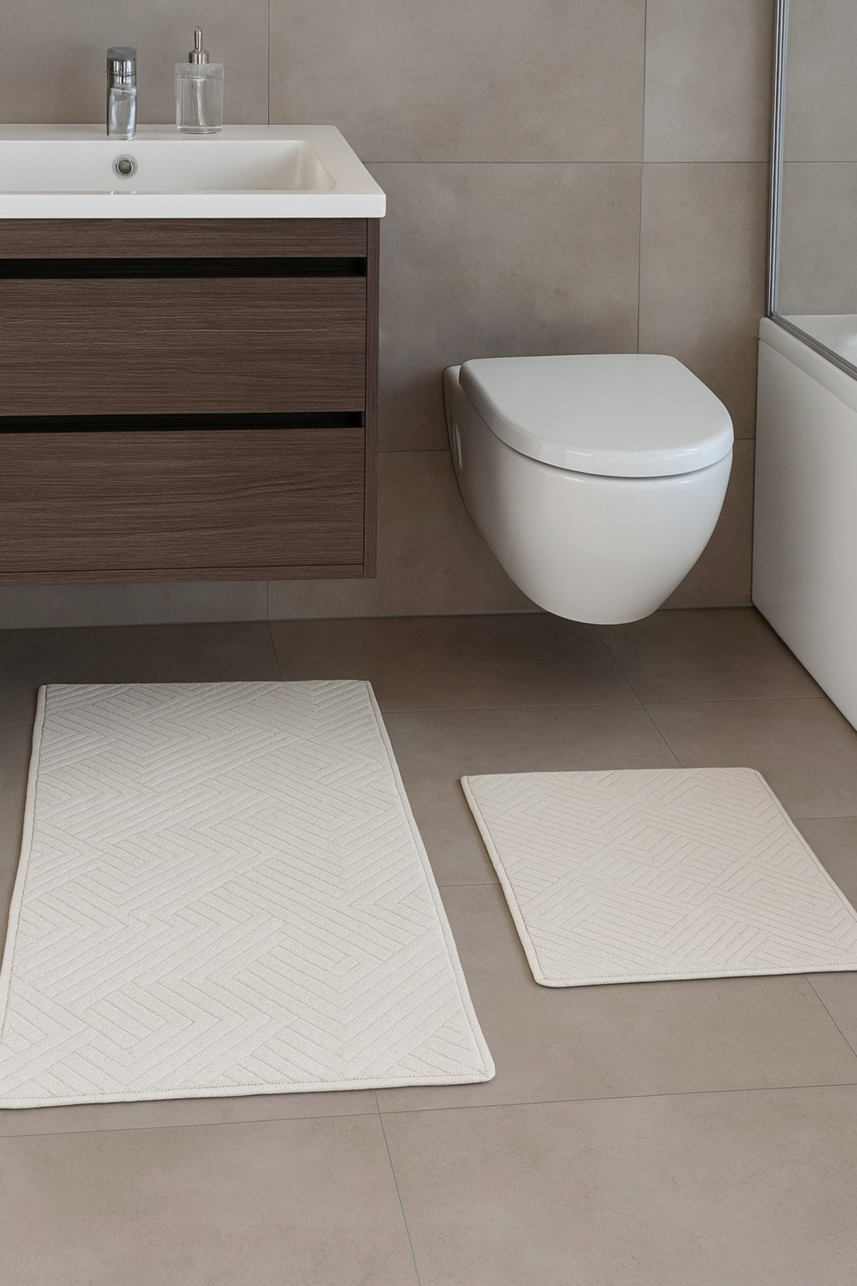 Bath Mat Set of 2 Cream Soft Anti-Slip Base Washable Stainproof60x100-40x60