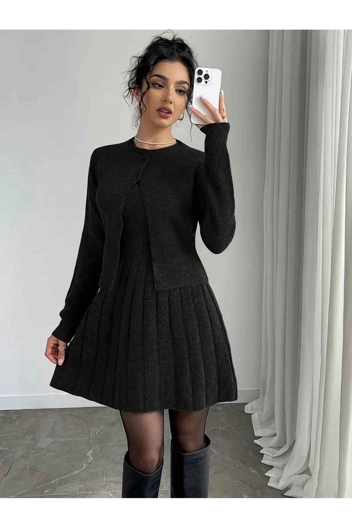 DAĞON'S DGN'S ÖZEL ESNEK KUMAŞ HIRKA-ELBİSE KADIN TRİKO TAKIM SİYAH-FÜME