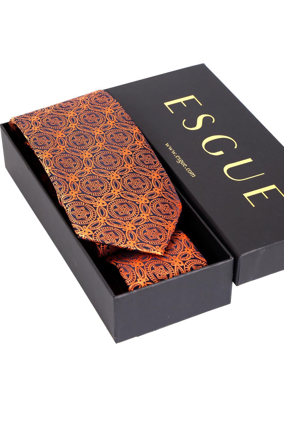 Esgue 8 Cm Klasik Geniş Hand Made Kiremit - Lacivert Motif Desen Mendilli Kravat görsel 4