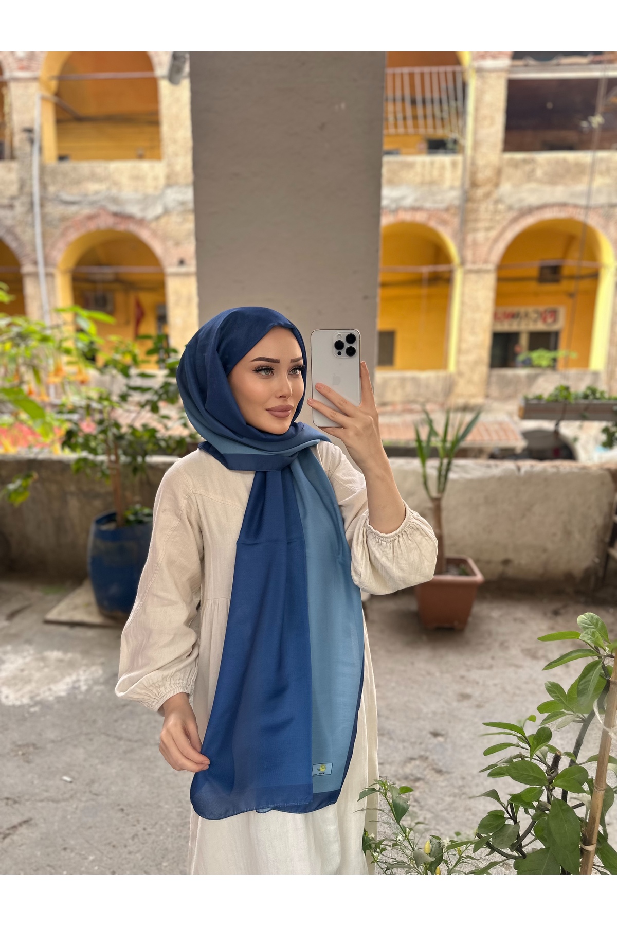 CUOCA LOUNGE  Degrade Desenli Lacivert Soft Pamuk Şal - Görsel 2