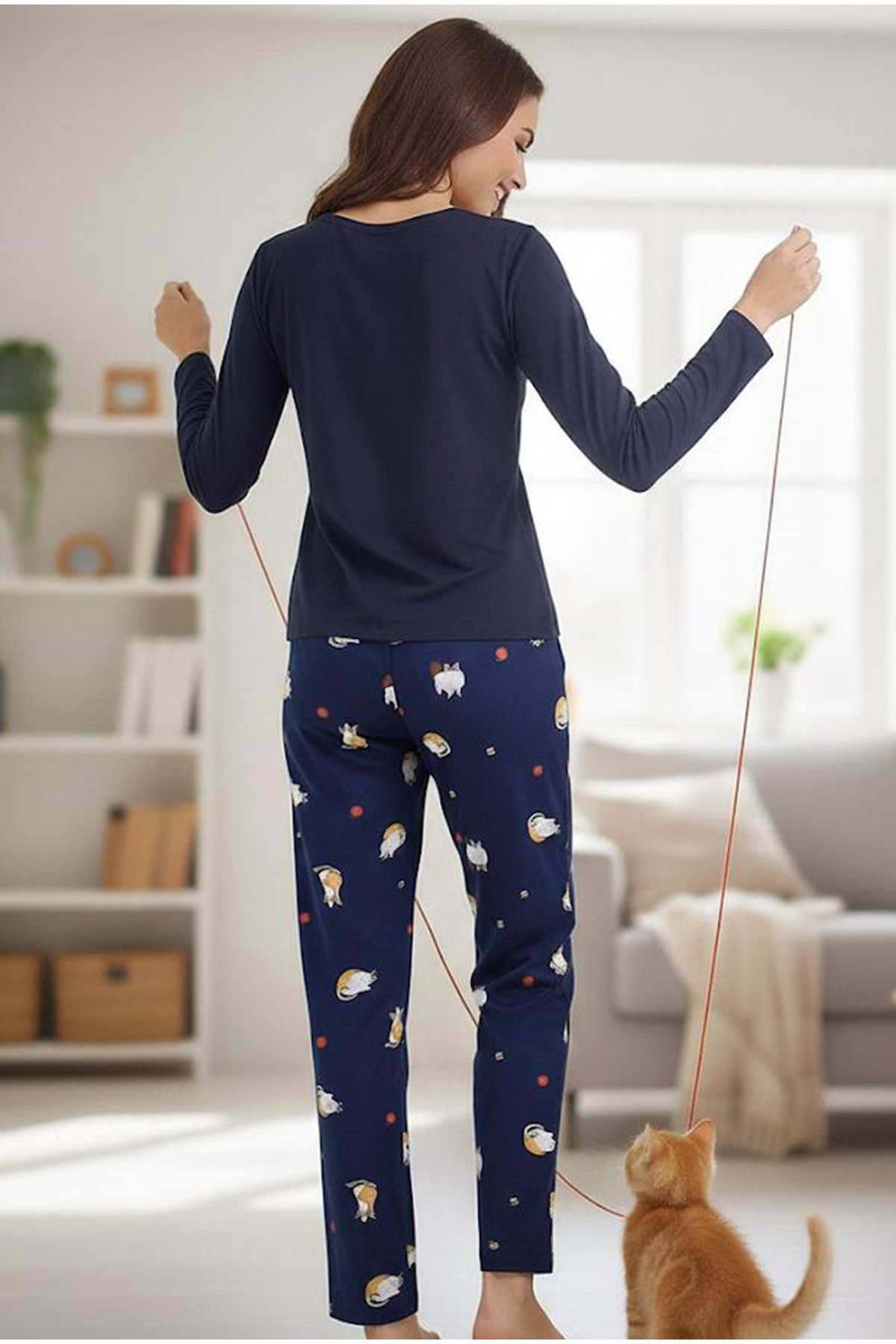 Siyah İnci lacivert kedi desenli Pamuklu Örme Pijama Takım 7974 görsel 3