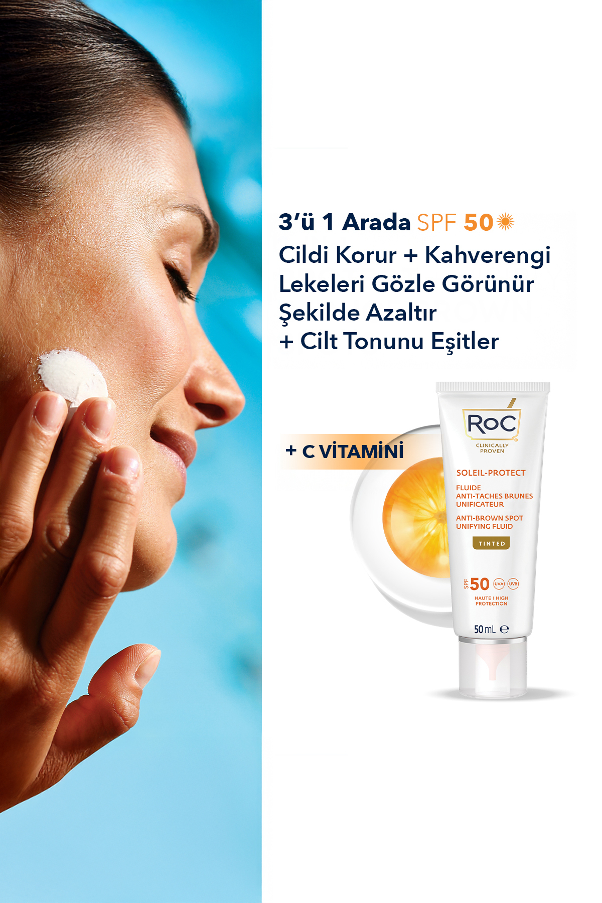 Ton Eşitleyici Leke Karşıtı Yüz Kremi SPF50 50 ml + Hyalüronik Asit Kapsül Serum 10 adet Hediyeli — ROC0016 — تصویر 4 از 6