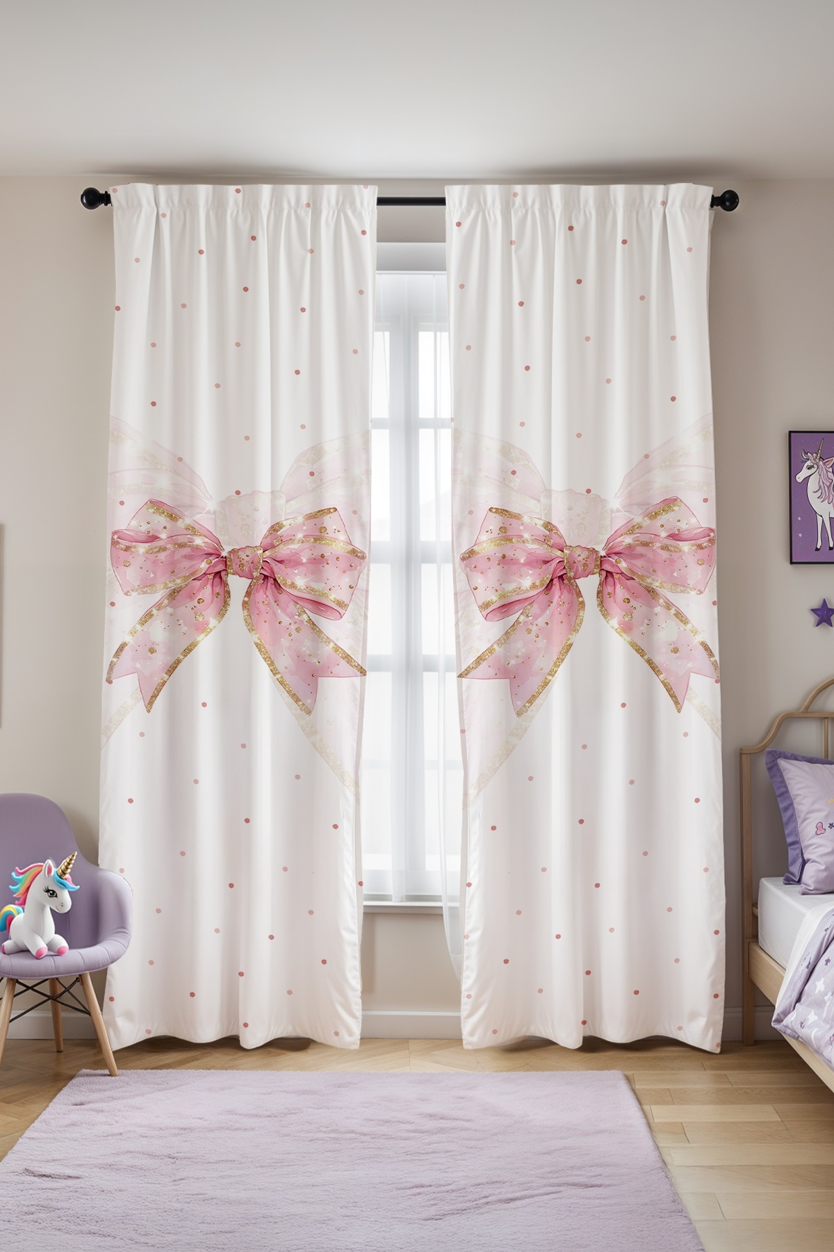 Evpanya Pembe Simli Puantiyeli Fiyonk Desenli Çocuk Bebek Odası Fon Perde (Tek Kanat Fiyatlandırma) fotoğrafı 2 (önizleme)