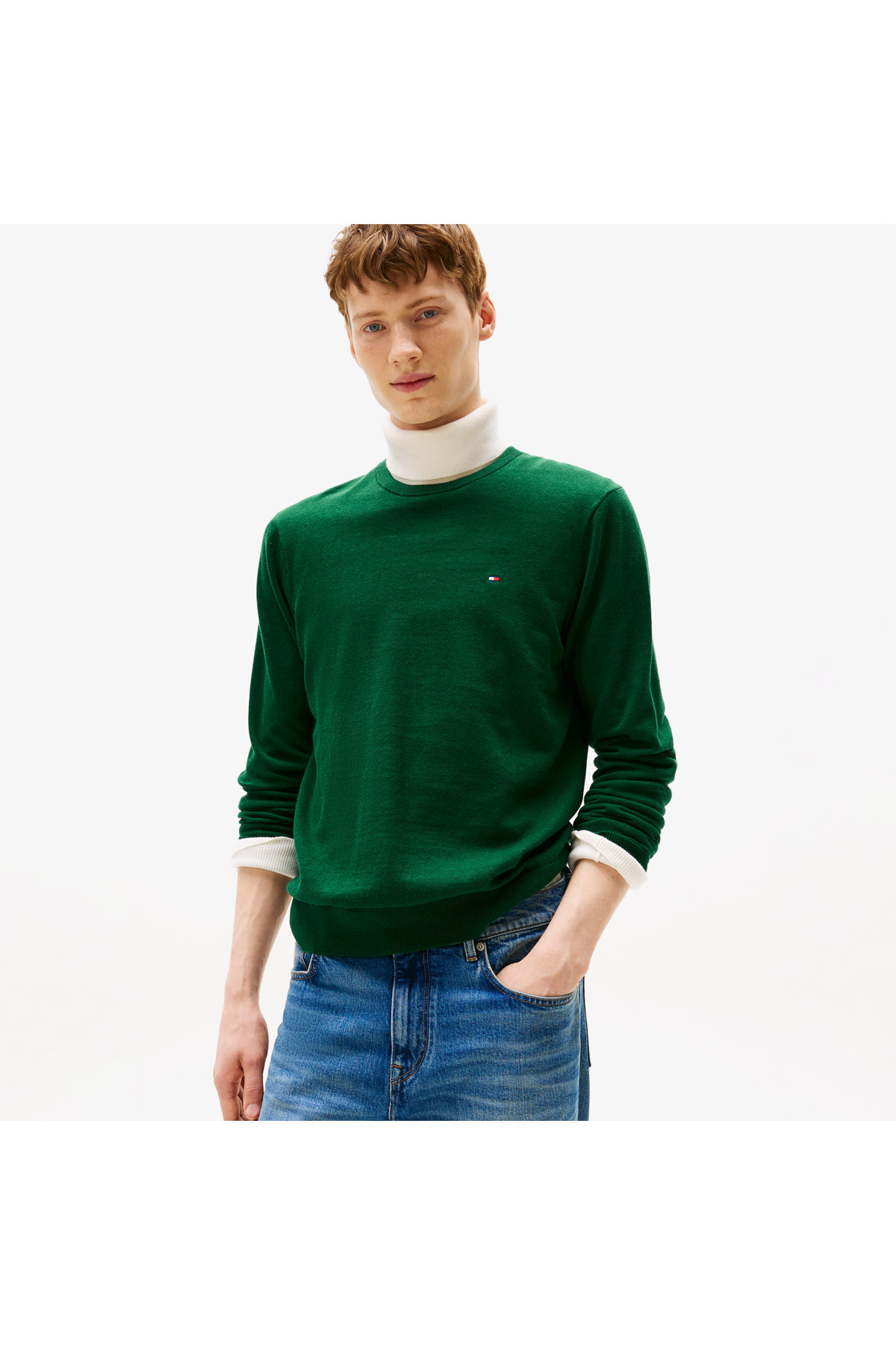 تامی هیلفیگر پلیور مردانه یقه گرد معمولی، نخی، آستین بلند، سبز، MW0MW39999-MQ8