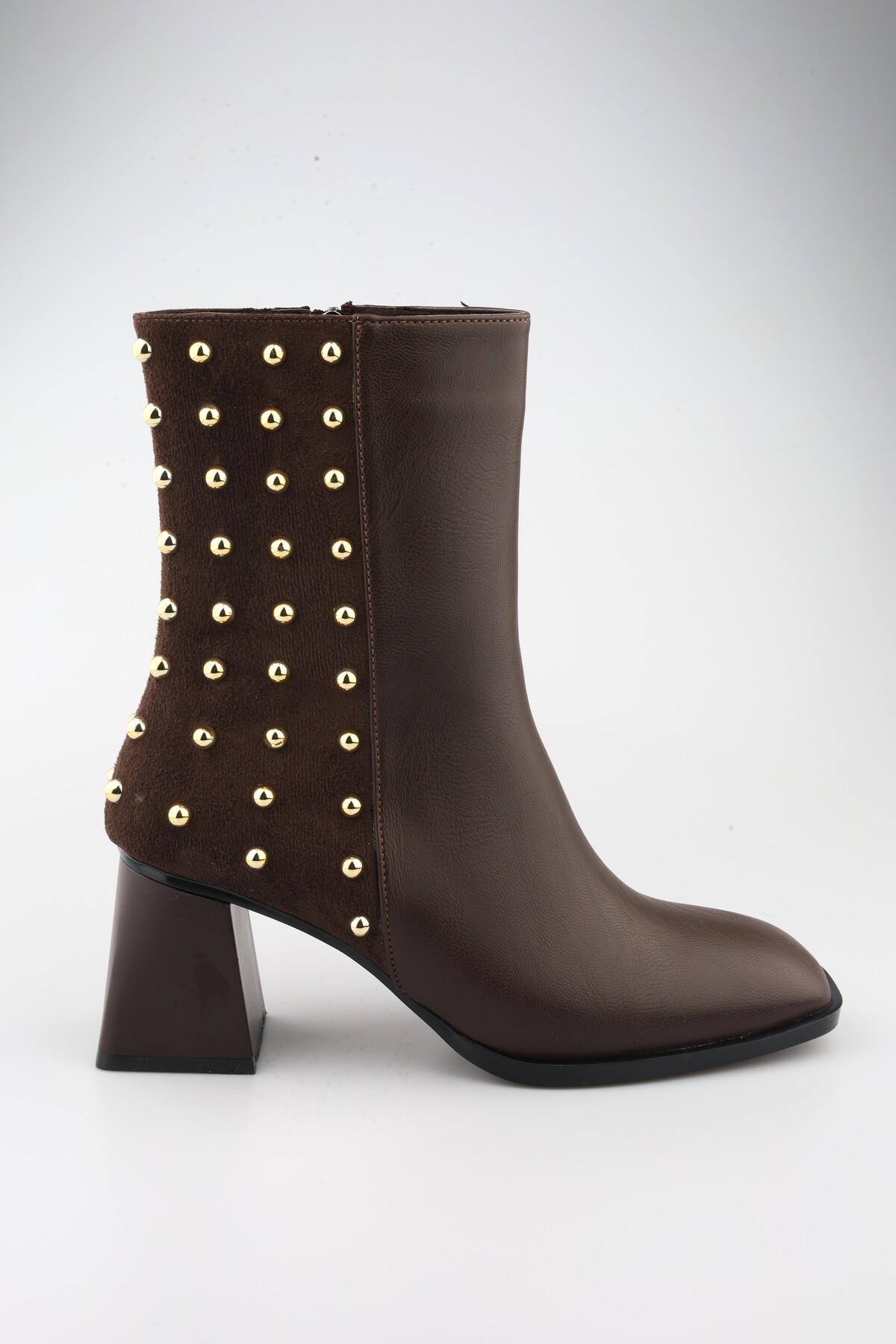 Women's Brown Heeled Boots – Gold Staple Detailed, Short Heel, Casual and Stylish Model Bitter Brown Boots
