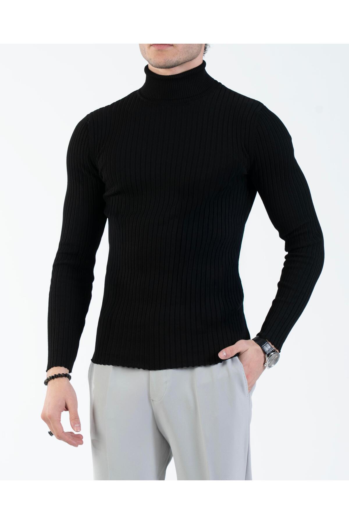 İtalyan stil slim fit fitilli boğazlı triko erkek kazak siyah T13148 — مشکی