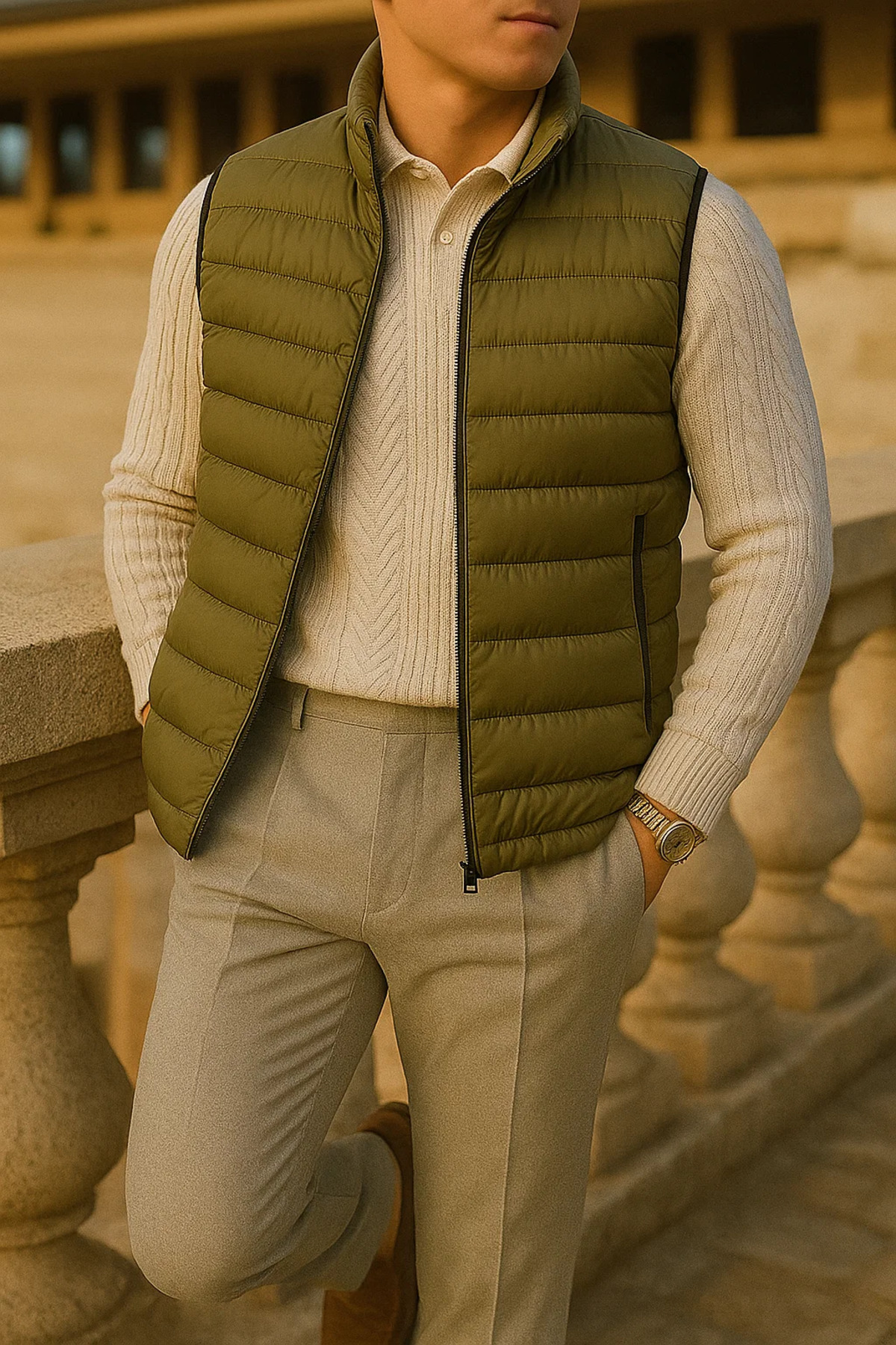 comstar  Erkek Kışlık Comfort Kolsuz Astarlı Haki Şişme Yelek - Görsel 3
