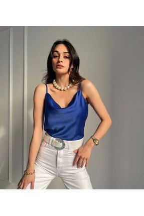DİLA BOUTIQUE Sax mavi ayarlanabilir askılı Saten bluz
