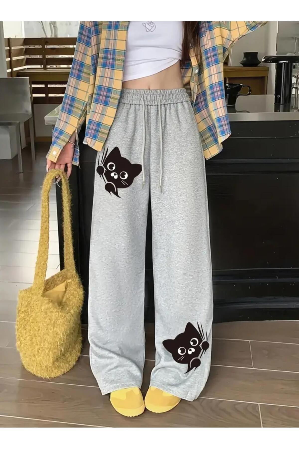 Baskı Detaylı Oversize Geniş Paça Rahat Kesim Kadın Eşofman Altı