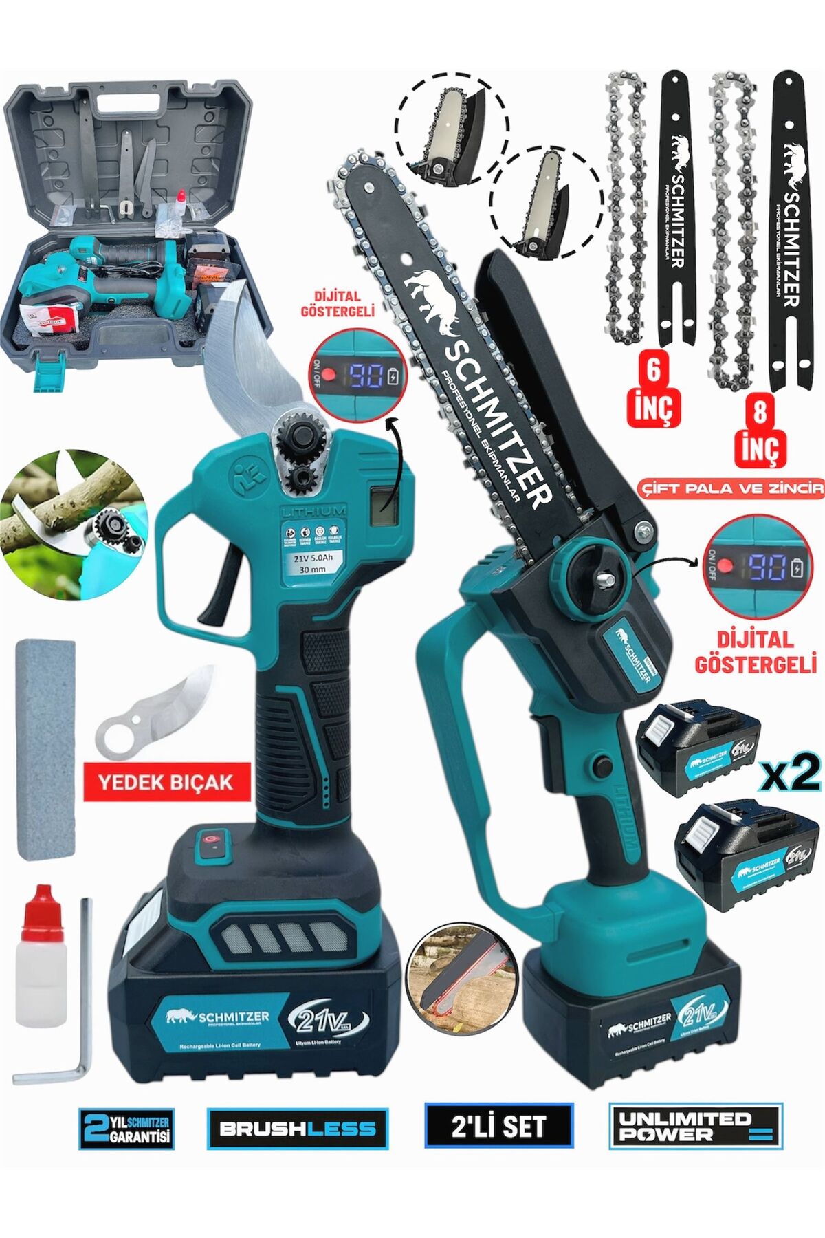 SCHMITZER 2'Li Pro Set 21V Çelik Şanzuman 2 Pala ve Zincir Şarjlı