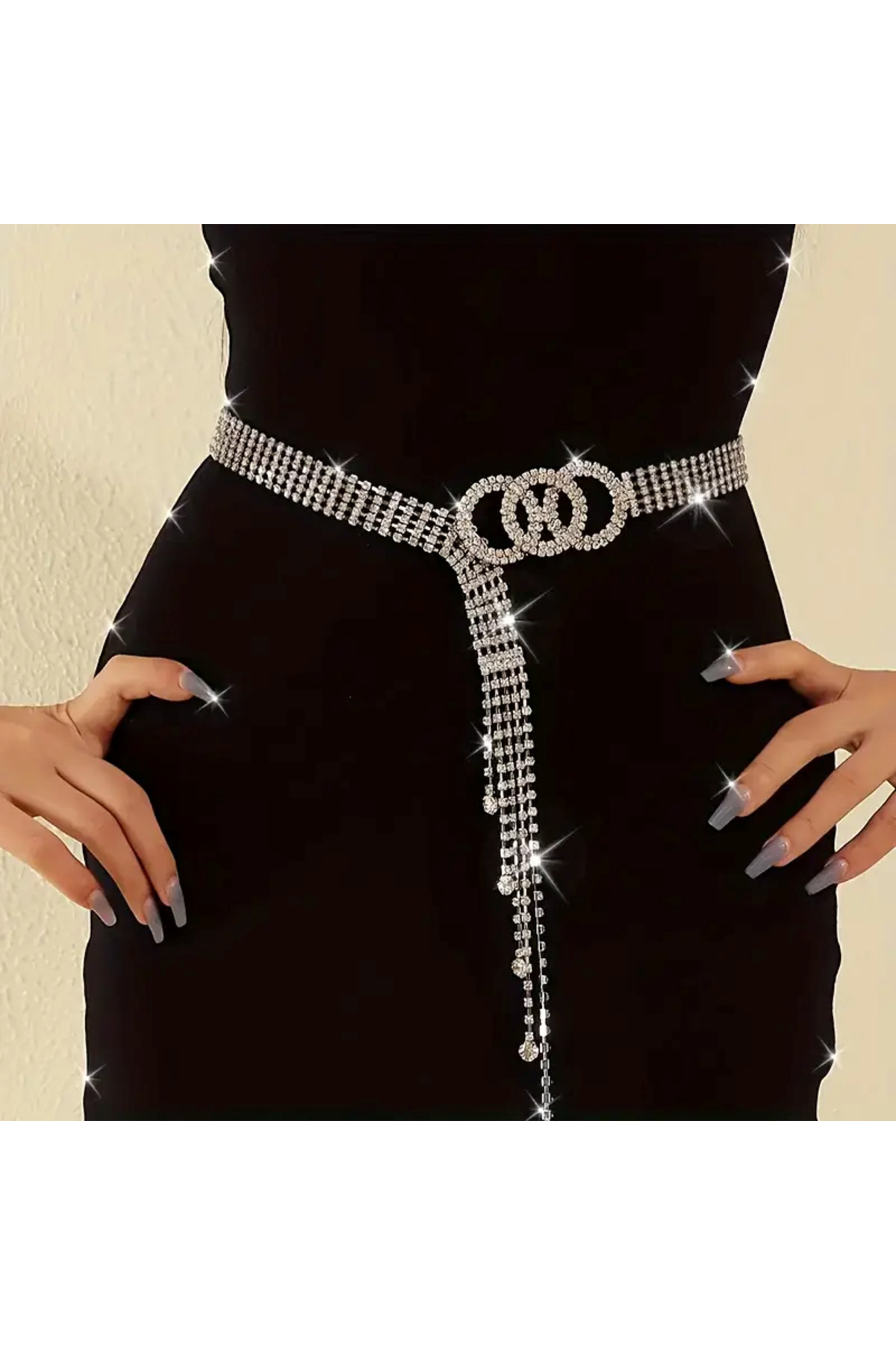 5 Sıra Gümüş Kaplama Su Yolu Kancalı Taşlı Abiye Kemer (70cm)