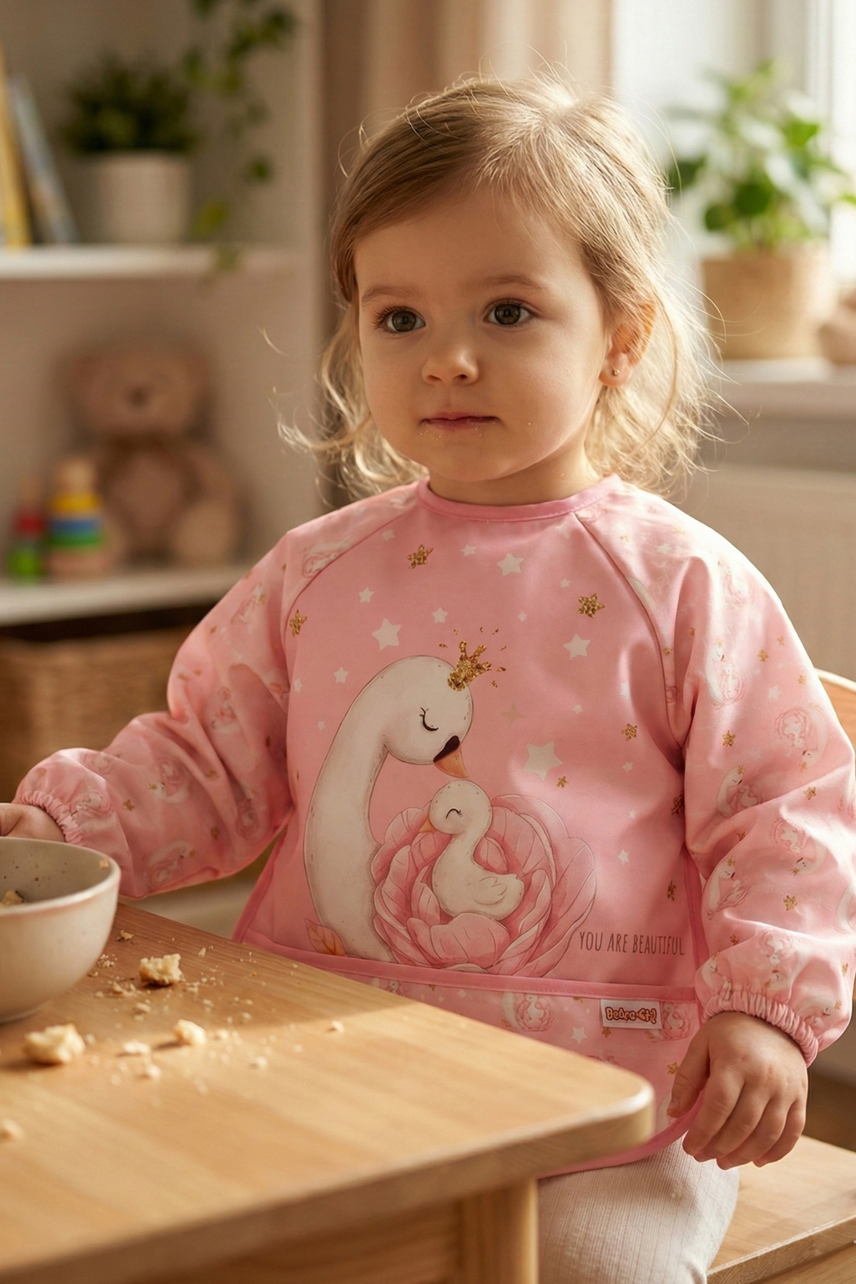 Bebechi Uzun Kollu Giyilebilir Kuğu Desen Sıvı Geçirmez Aktivite ve Mama Önlüğü Su Geçirmez Bebek Önlük fotoğrafı 3 (önizleme)