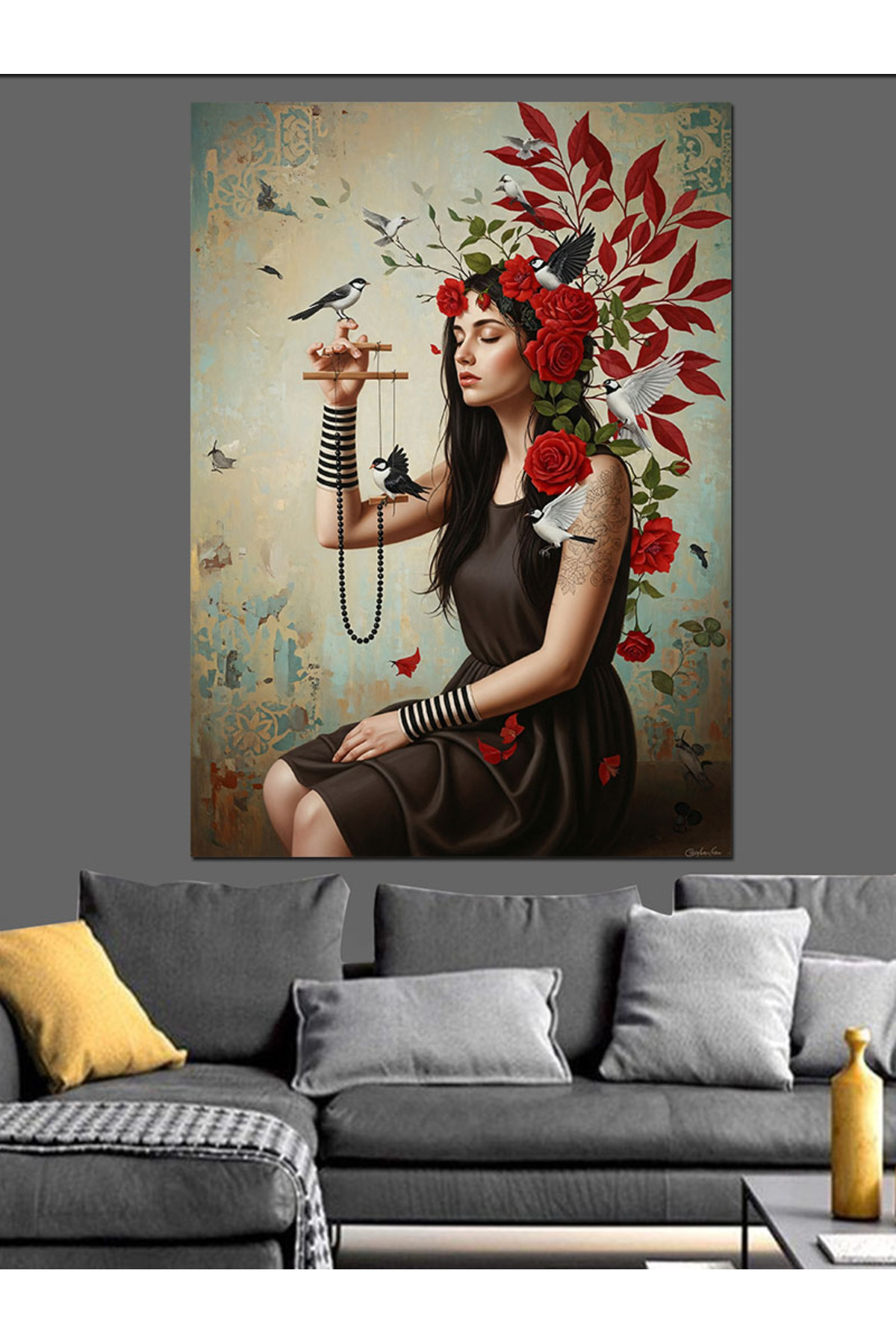 Kuşlar Ve Çiçekler Yüksek kaliteli yağlı boya dokulu Kanvas Canvas Tablo kanvas tablo canvas tablo