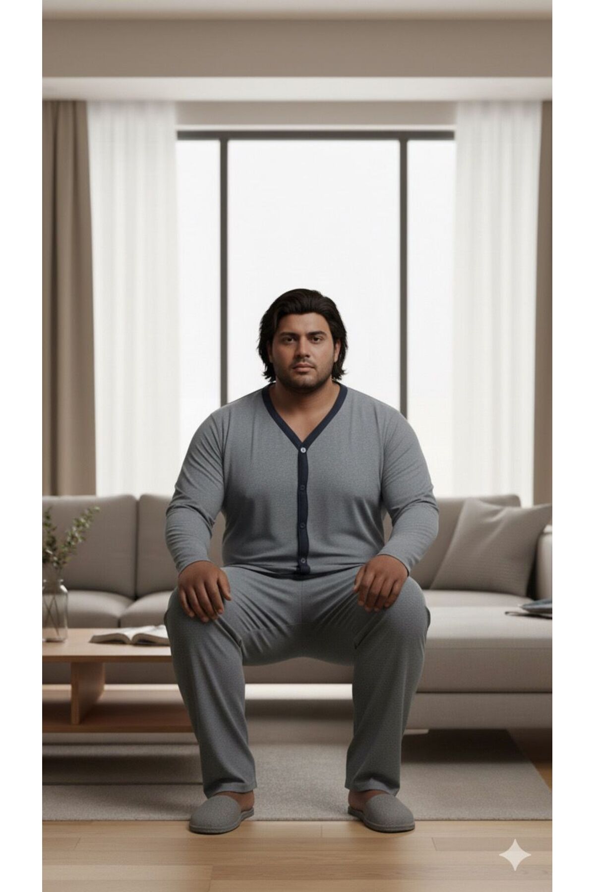 Sude HOMEWEAR Erkek Uzun Kol Gömlek Gri Renk Büyük Beden Pijama Takımı görsel 2