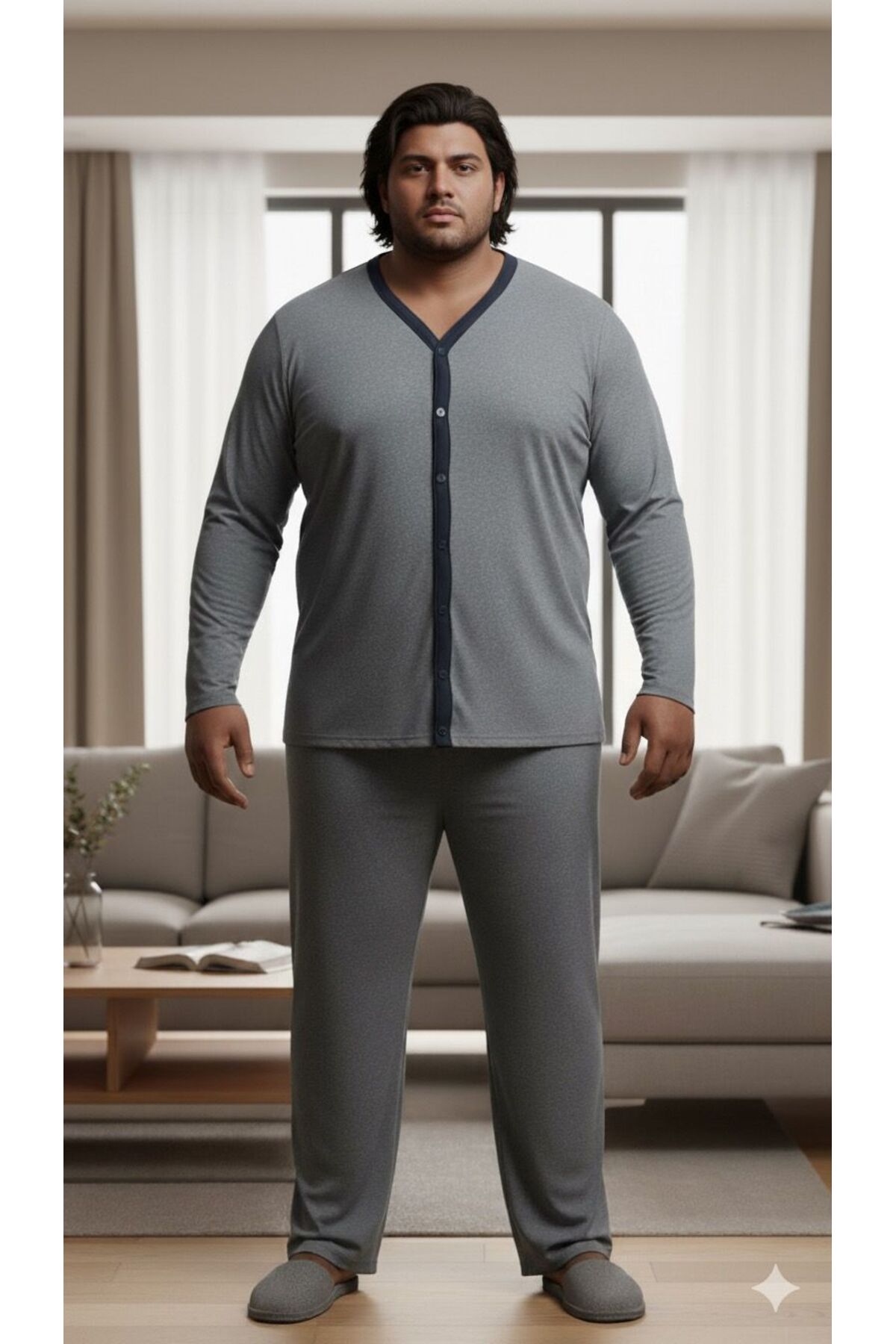Sude HOMEWEAR Erkek Uzun Kol Gömlek Gri Renk Büyük Beden Pijama Takımı