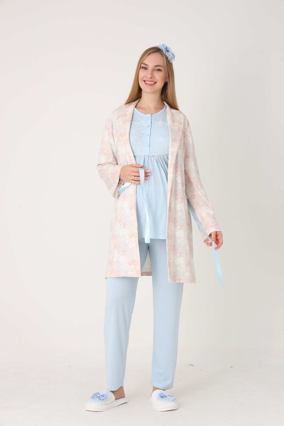 ERDENİZ TEKSTİL Çiçek Desenli Sabahlıklı Lohusa-Hamile Pijama Takımı 3'lü Set