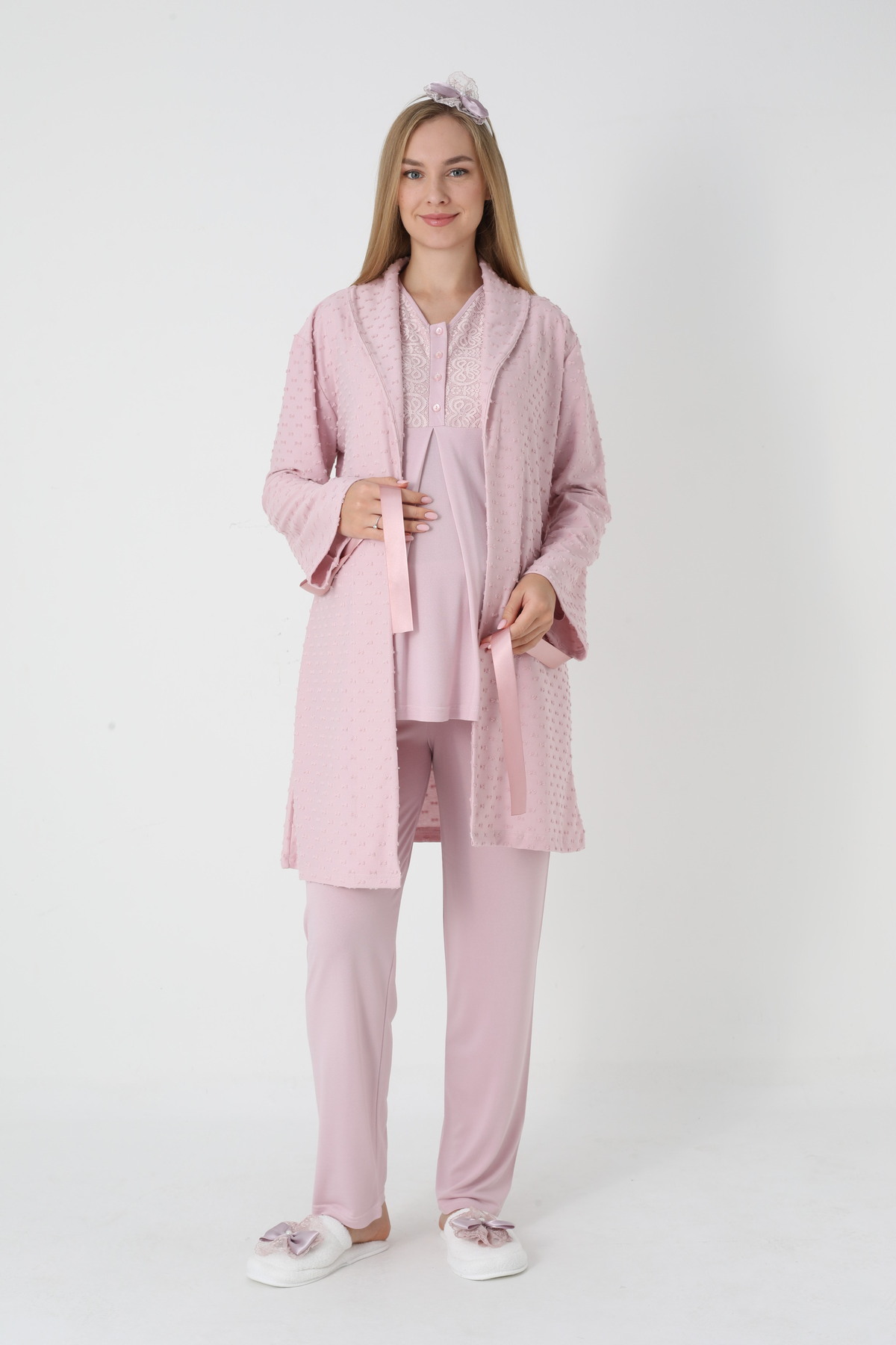 ERDENİZ TEKSTİL Kalın Sabahlıklı Lohusa-Hamile Pijama Takımı 3'lü Set