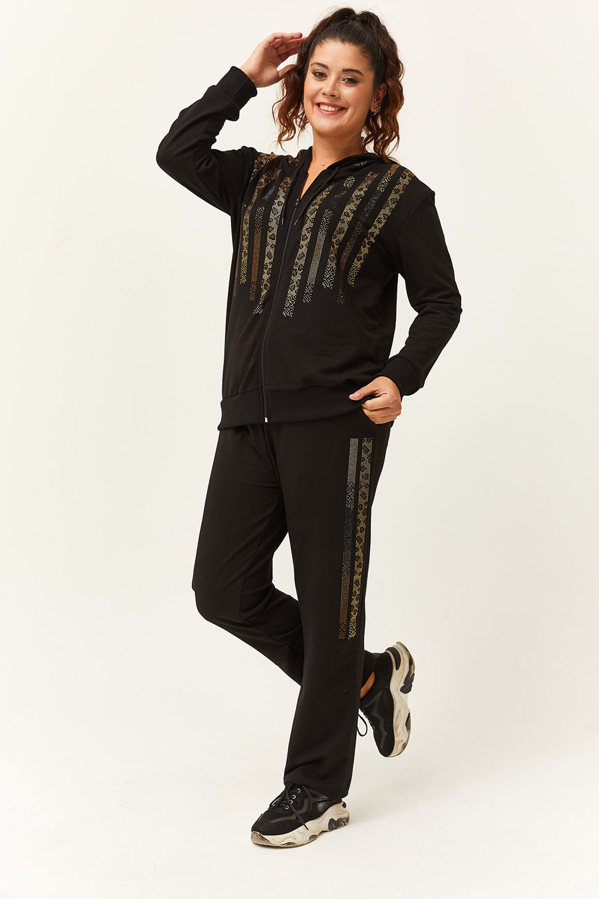 Ebsumu  Kadın Büyük Beden Leopar Taş Tasarım Eşofman Takımı - Görsel 9