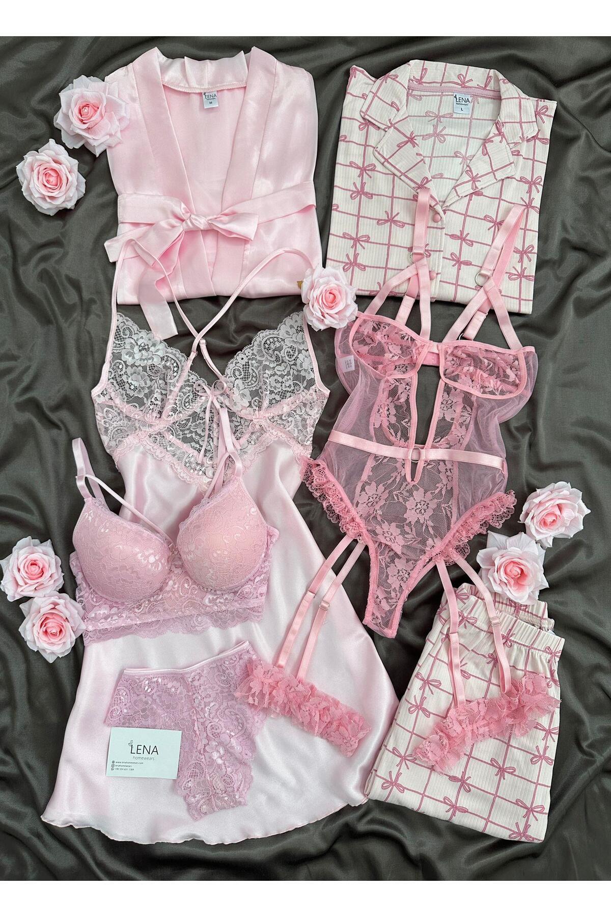 Lena Homewears Pembe Amor 7 Parça Dev Gecelik Sabahlık Pijama Iç Giyim Çeyiz Seti (Kutulu)