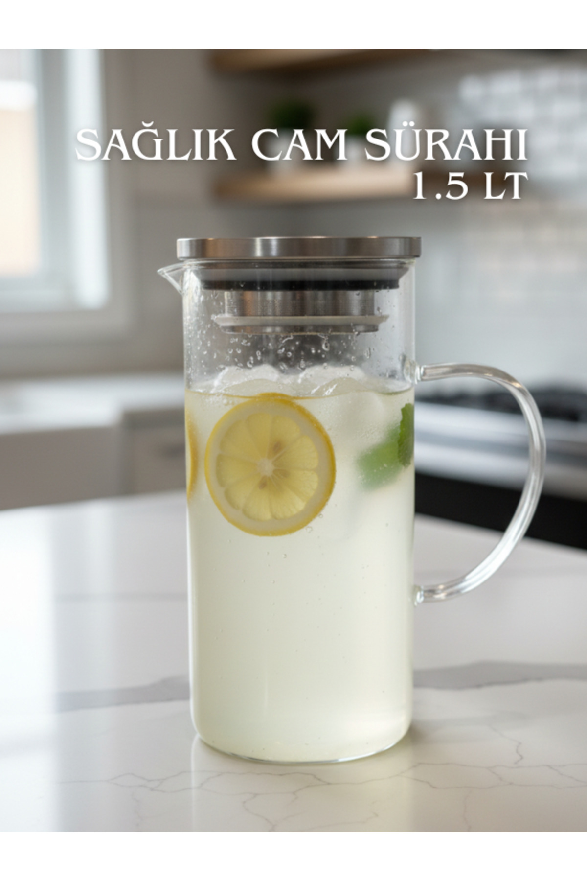 Healthy Glass Heat Resistant Borosilicate Glass Pitcher Inox Lid 1.5 Lt