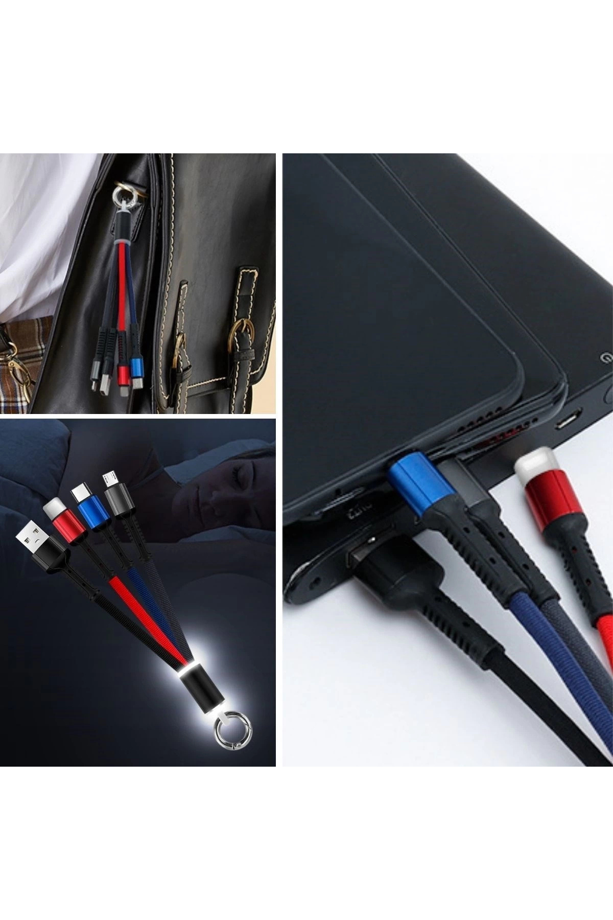 Epilons Işıklı Anahtarlık Model 3 İn 1 Usb Çıkışlı Mikro,type-c Ve İphone Uyumlu Şarj Kablosu