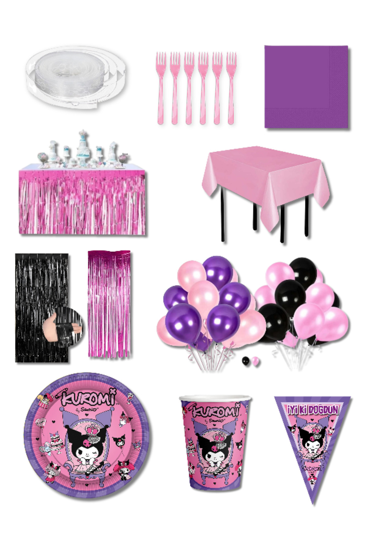 Parti Furyası Kuromi Parti Seti 8 Kişilik Premium | Masa Etekli Arka Fonlu Balon Zincirli Kuromi Konsept
