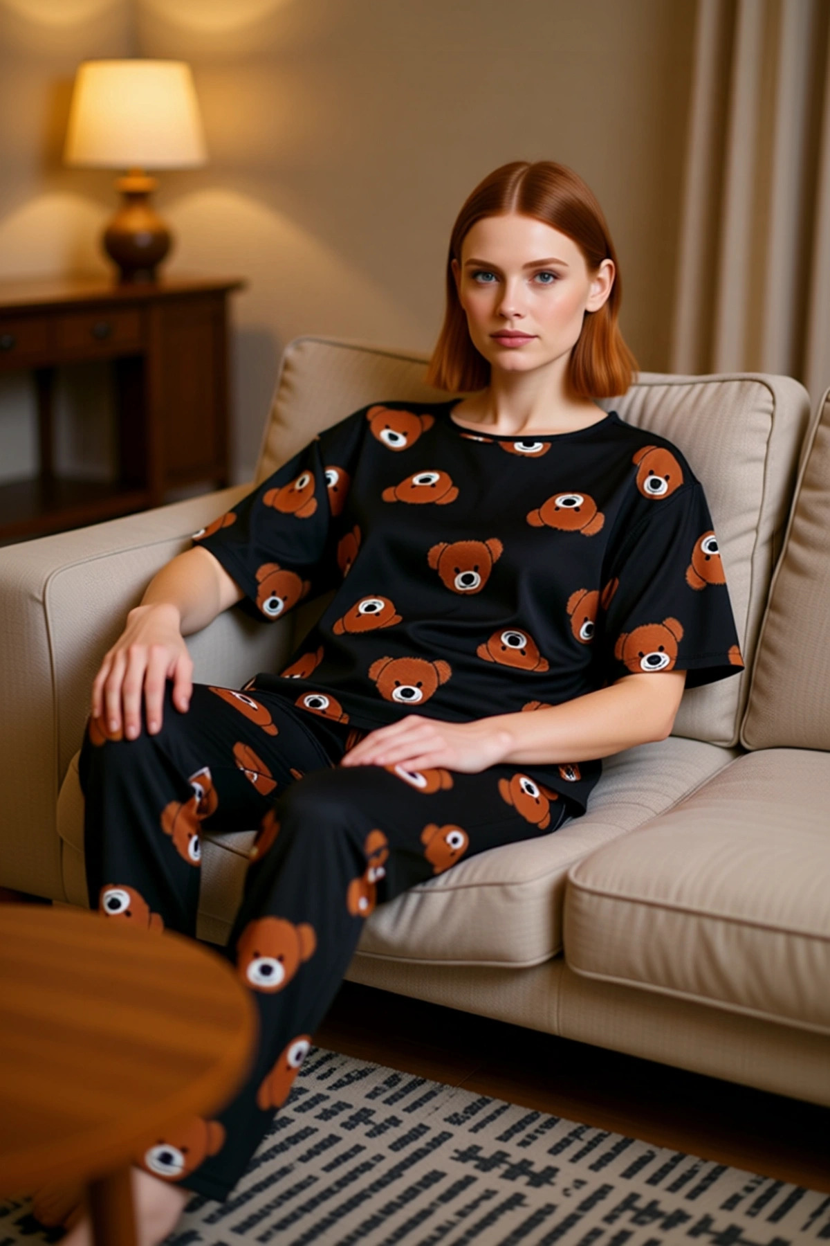 Ayıcık Desenli Bisiklet Yaka Pijama Takımı Kadın Fonksiyonel Dayanıklı Kaliteli Konforlu Şık