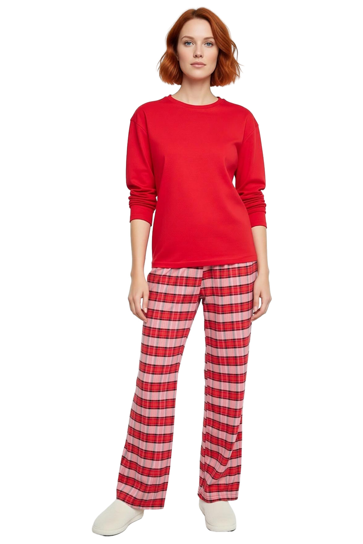 Kadın Ekose Pijama Takımı Uzun Kollu Bisiklet Yaka Fonksiyonel Dayanıklı Kaliteli Konforlu
