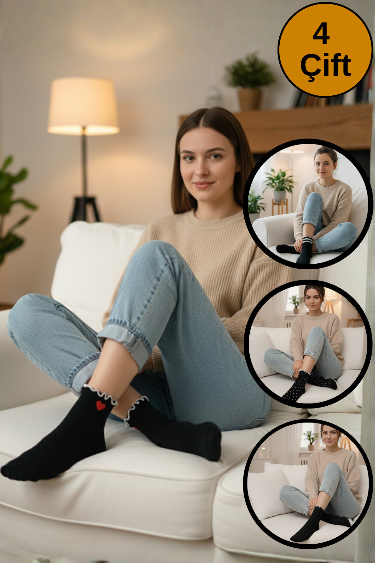 Kadın Çorap Fırfırlı Bilek Boy Desenli (4 ÇİFT) Kaliteli Penye Patik Çorap