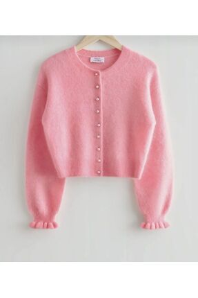 mahira collection Pembe Bisiklet Yaka Kolu Fırfırlı Düğmeli Kadın Triko Hırka