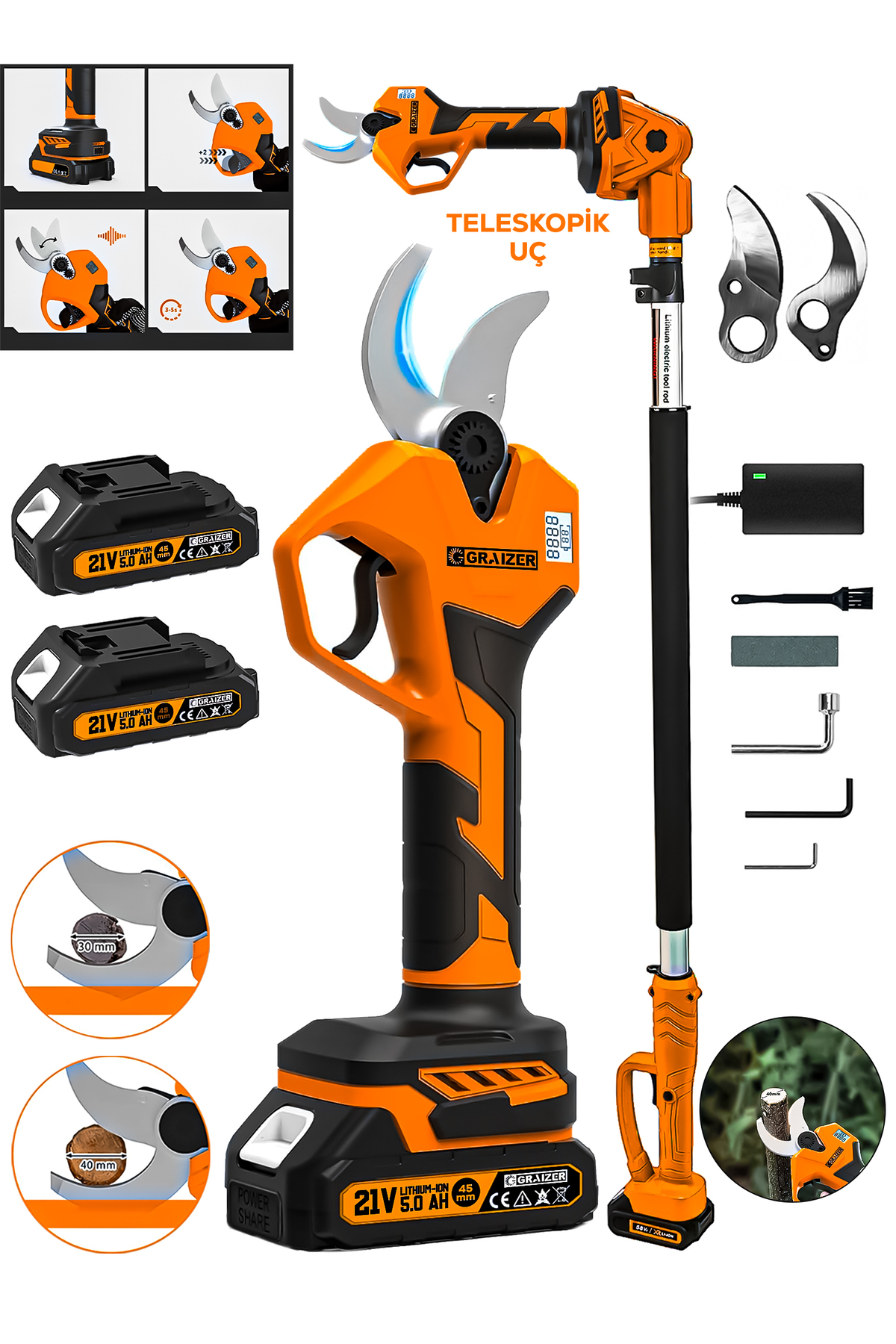 Graizer 52-TT Brushless Motor Teleskop Akülü Bağ Dal Ağaç Kesme