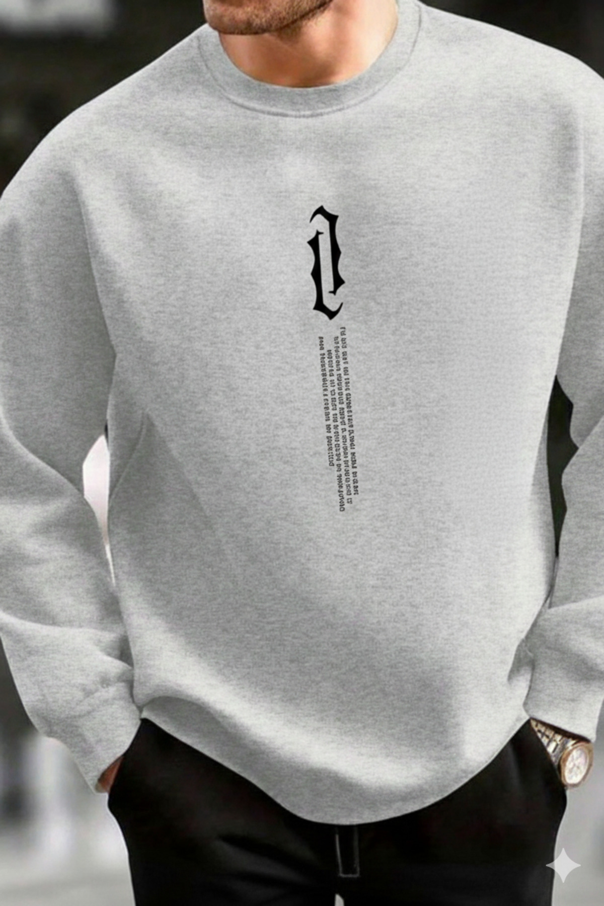 Unisex Dikey Baskılı Sıfır Yaka Regular Sweatshirt %100 Pamuk — خاکستری onb34596